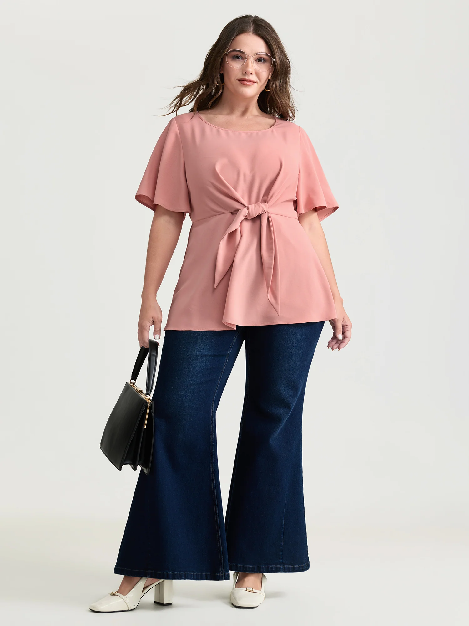 Cinched-Waist Knotted Plain Blouse - Image 2