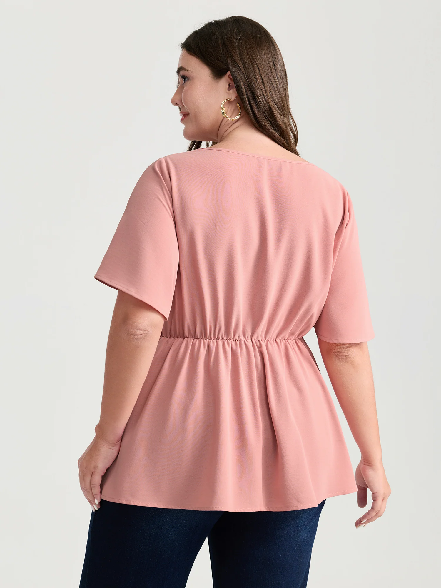 Cinched-Waist Knotted Plain Blouse - Image 4
