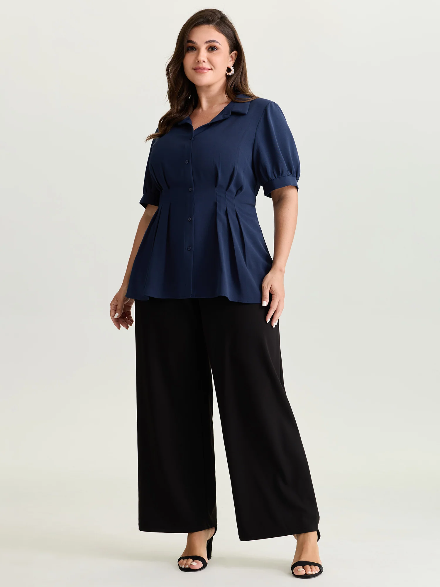 Cinched-Waist Pleated Collar Blouse - Image 3