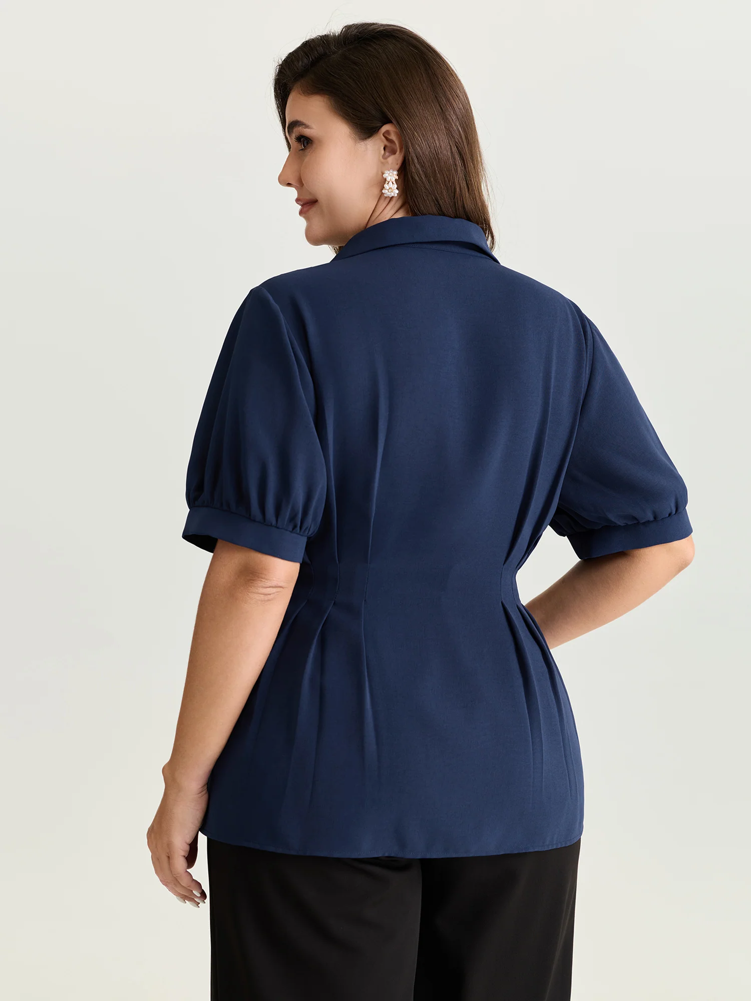 Cinched-Waist Pleated Collar Blouse - Image 4