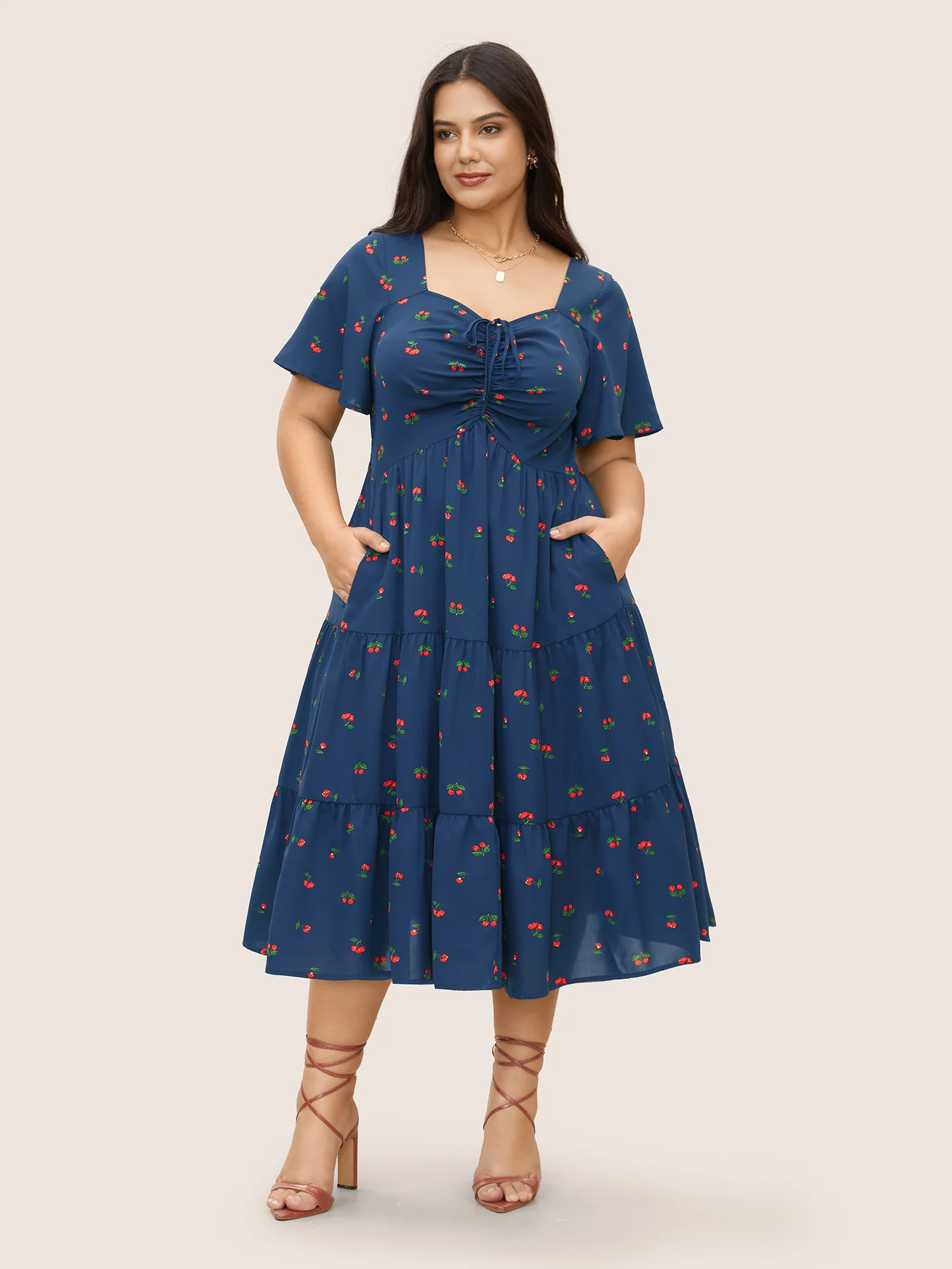 Citrus Fruit Print Heart Neckline Drawstring Pleated Dress - Image 2