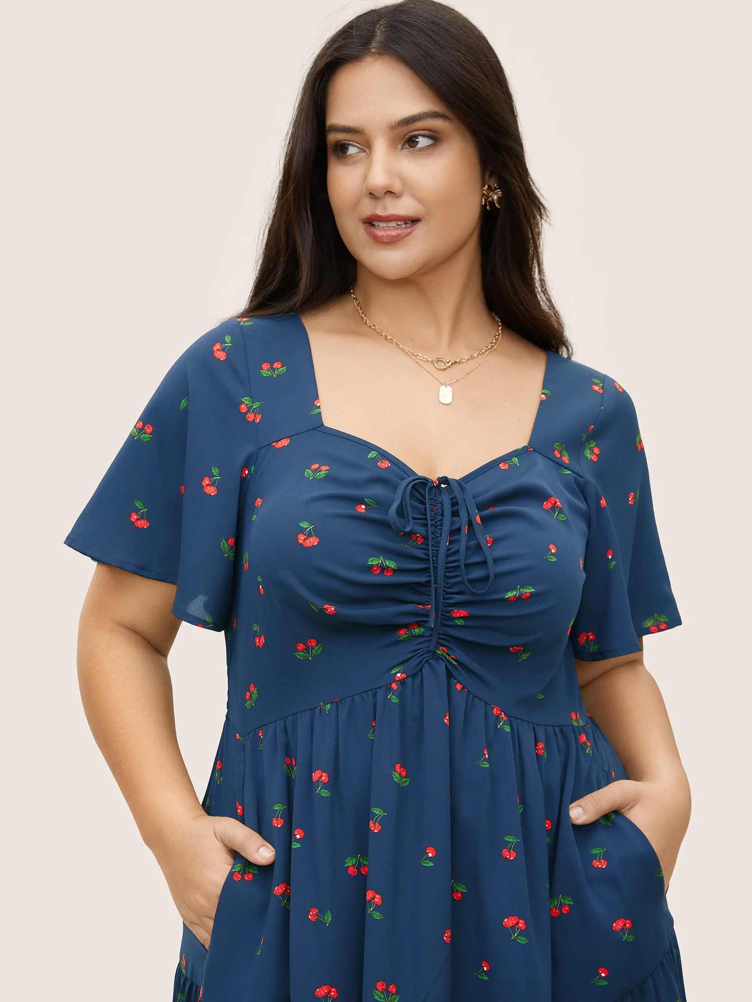 Citrus Fruit Print Heart Neckline Drawstring Pleated Dress - Image 3