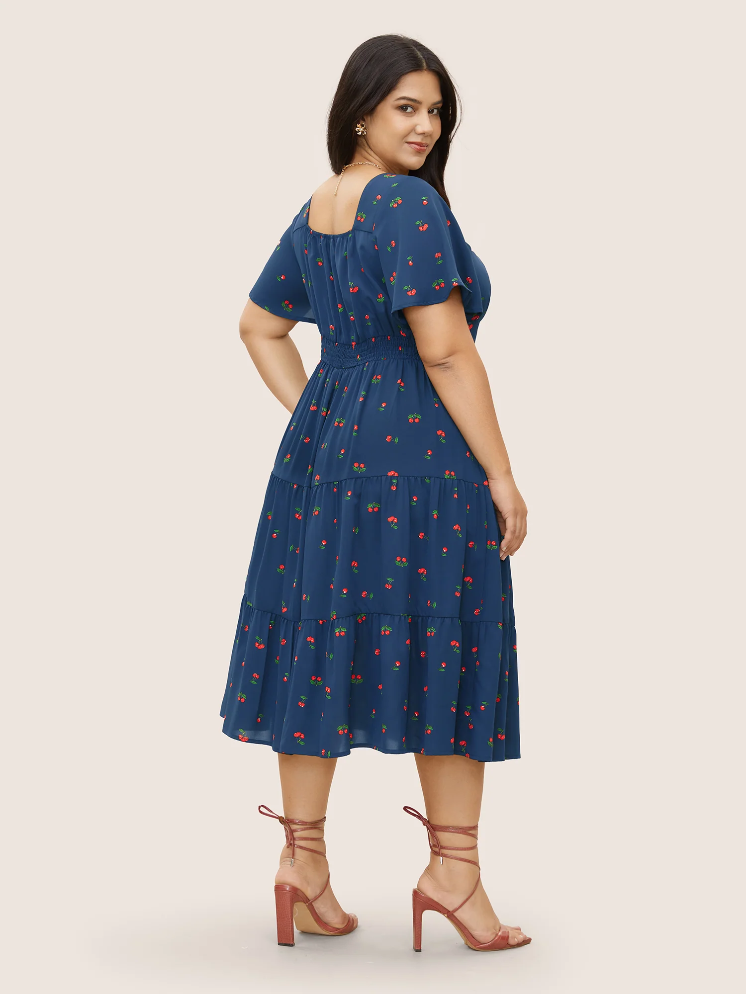 Citrus Fruit Print Heart Neckline Drawstring Pleated Dress - Image 4
