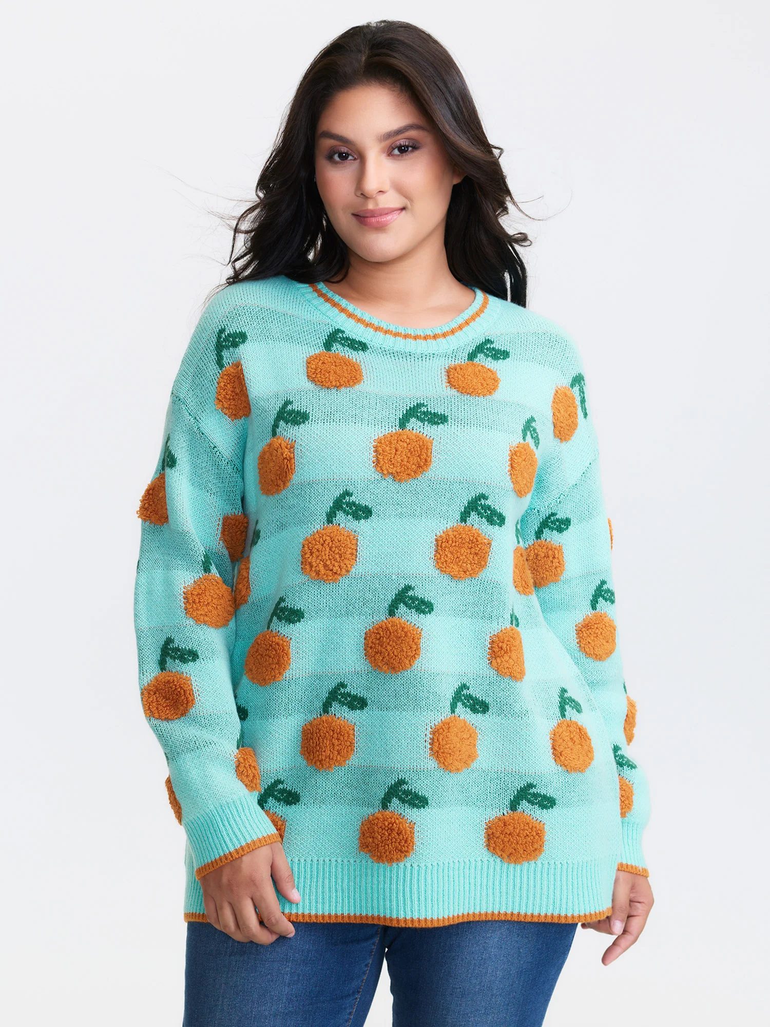Citrus Pattern Contrast Edge Ribbed Pullover - Image 2