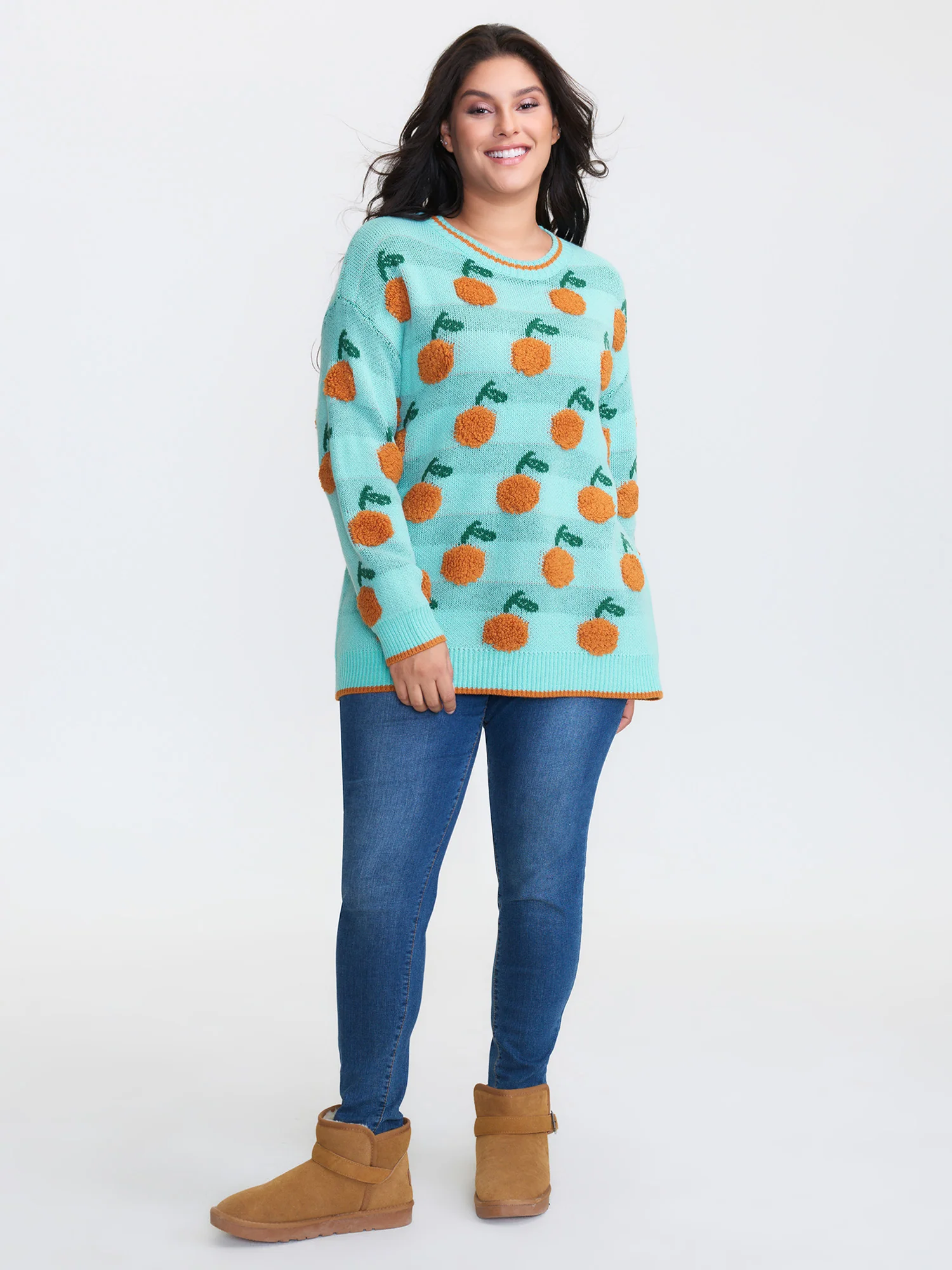 Citrus Pattern Contrast Edge Ribbed Pullover - Image 3