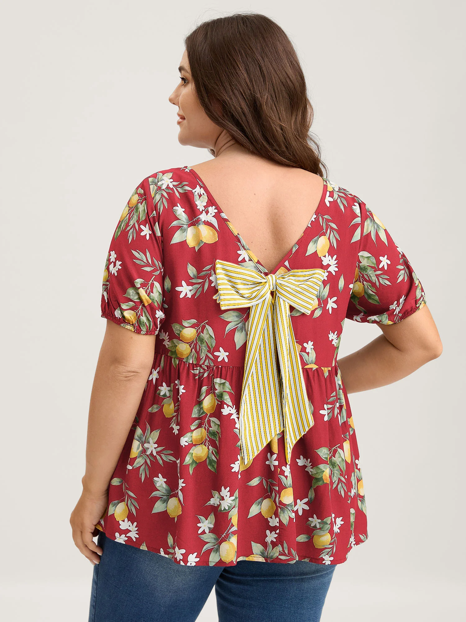Citrus Print Bow Backless Blouse - Image 11