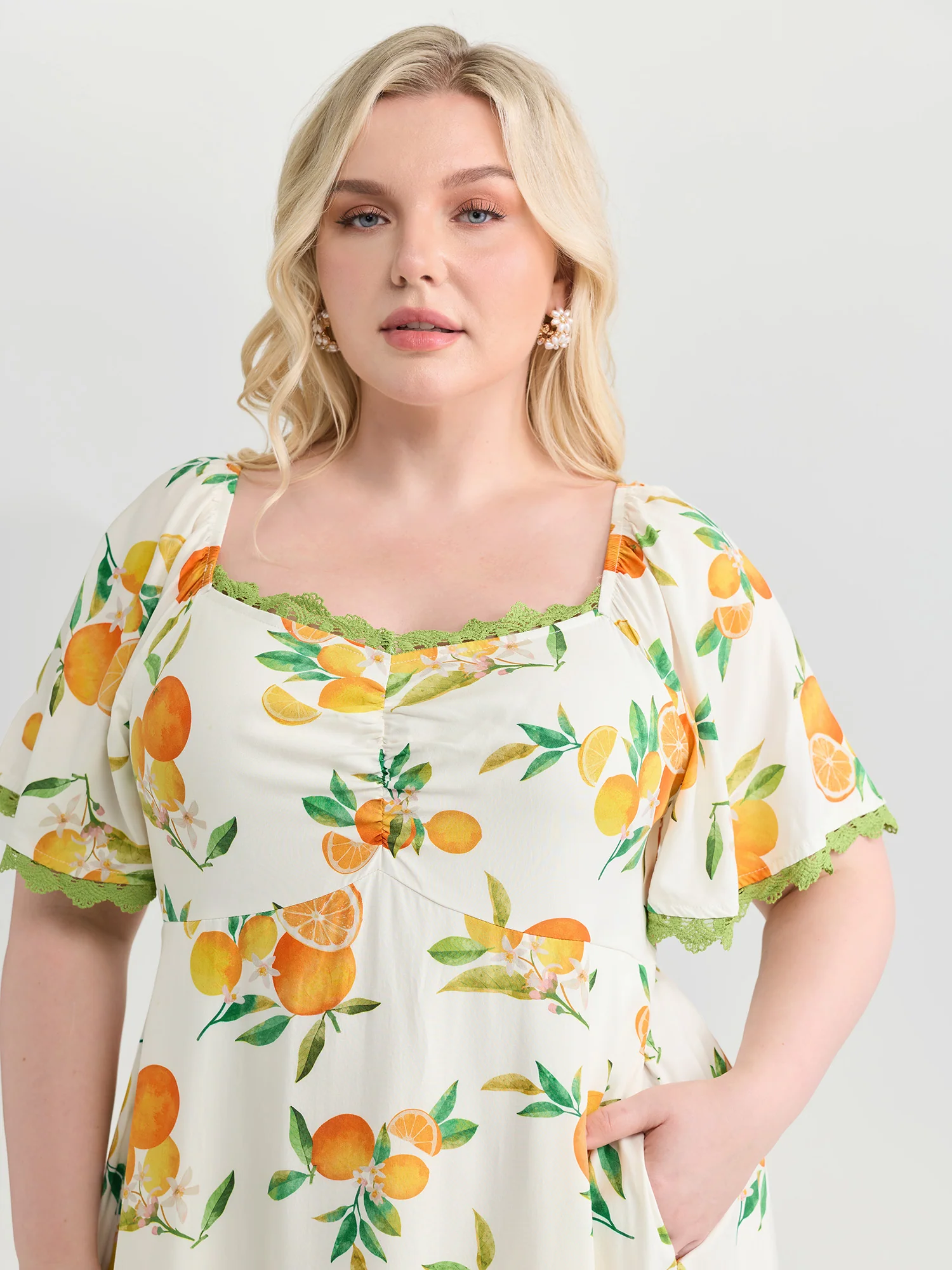 Citrus Print Lace Trim Ruched Midi Dress - Image 2