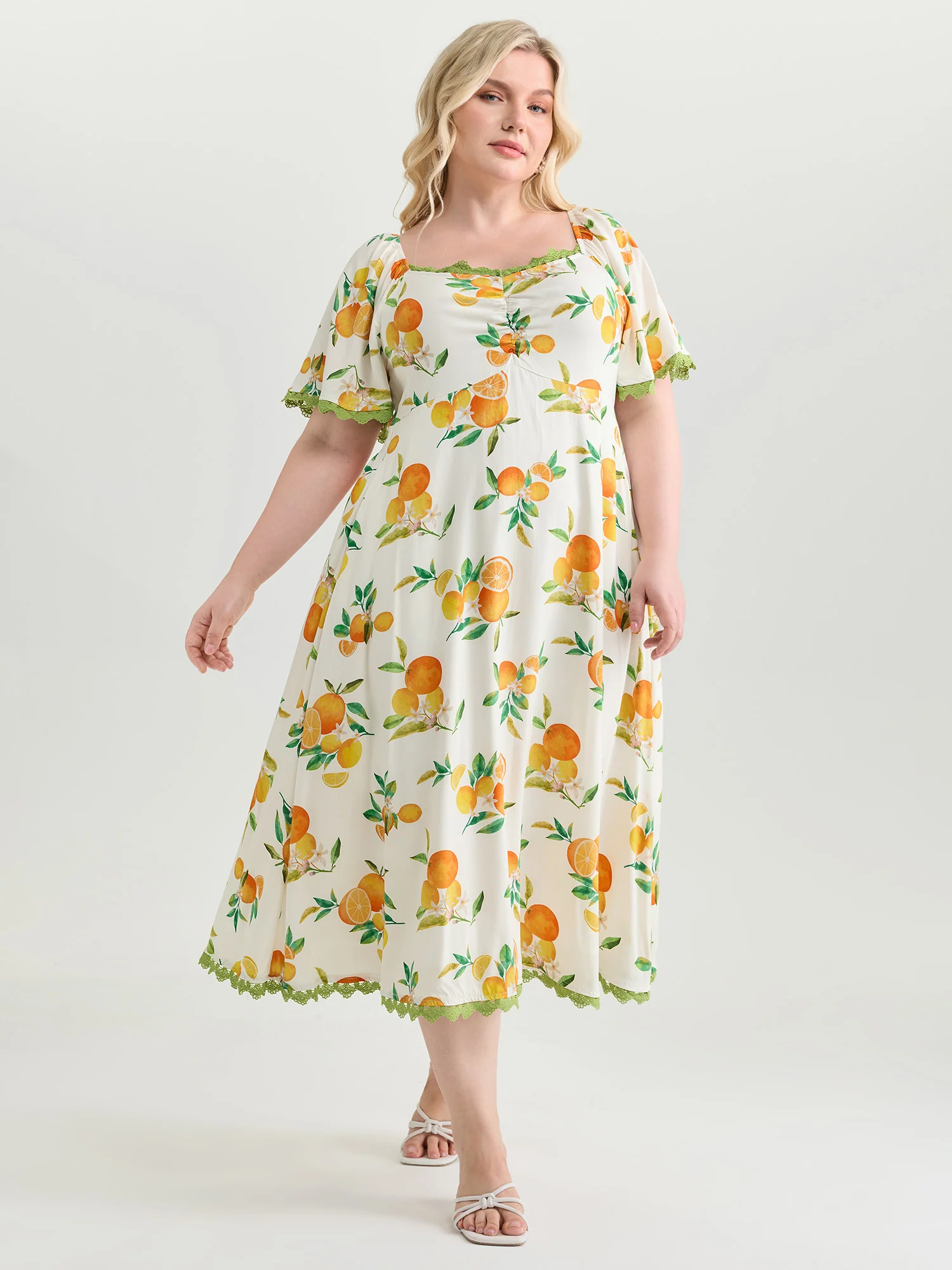 Citrus Print Lace Trim Ruched Midi Dress - Image 3