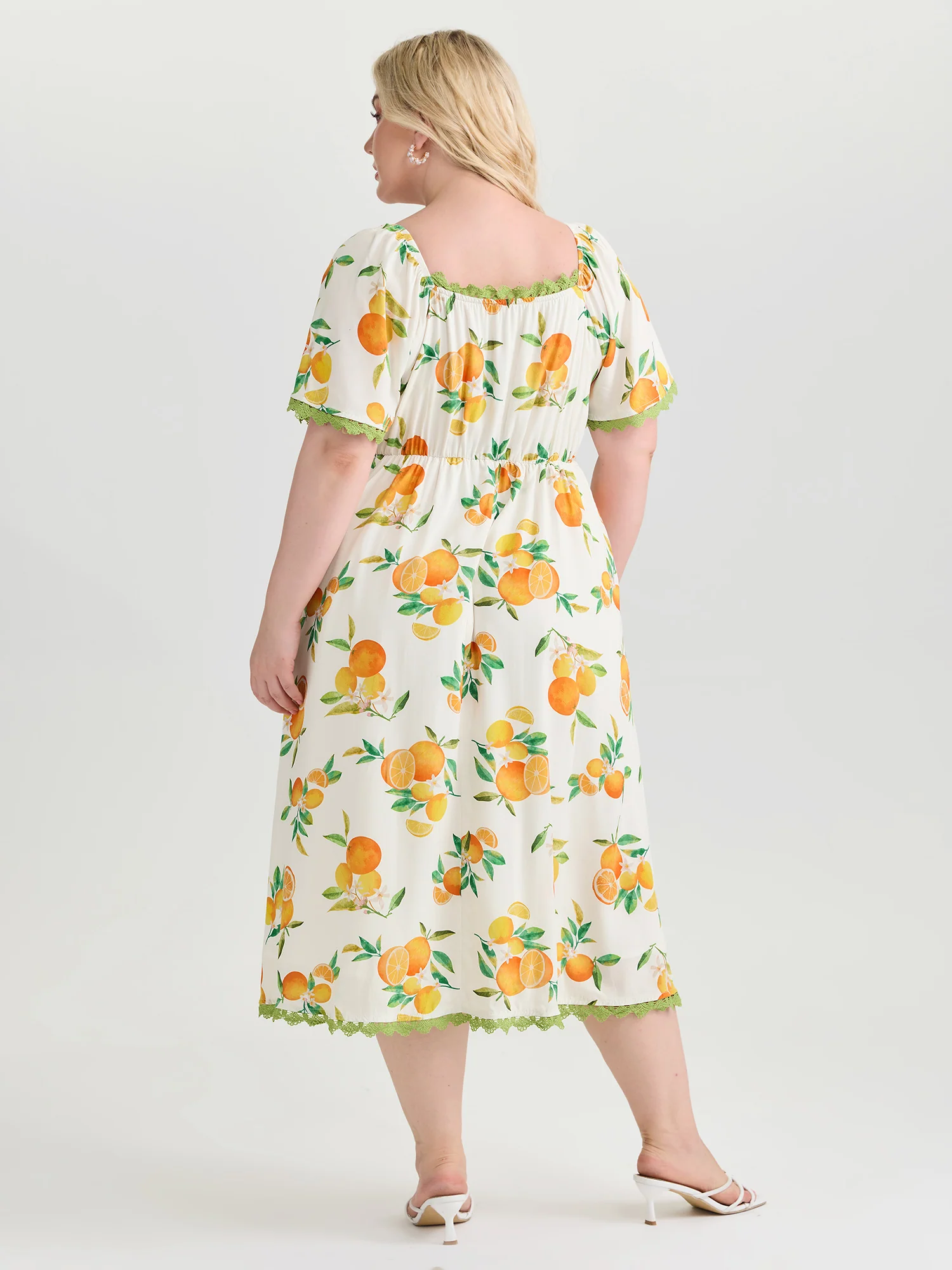 Citrus Print Lace Trim Ruched Midi Dress - Image 4