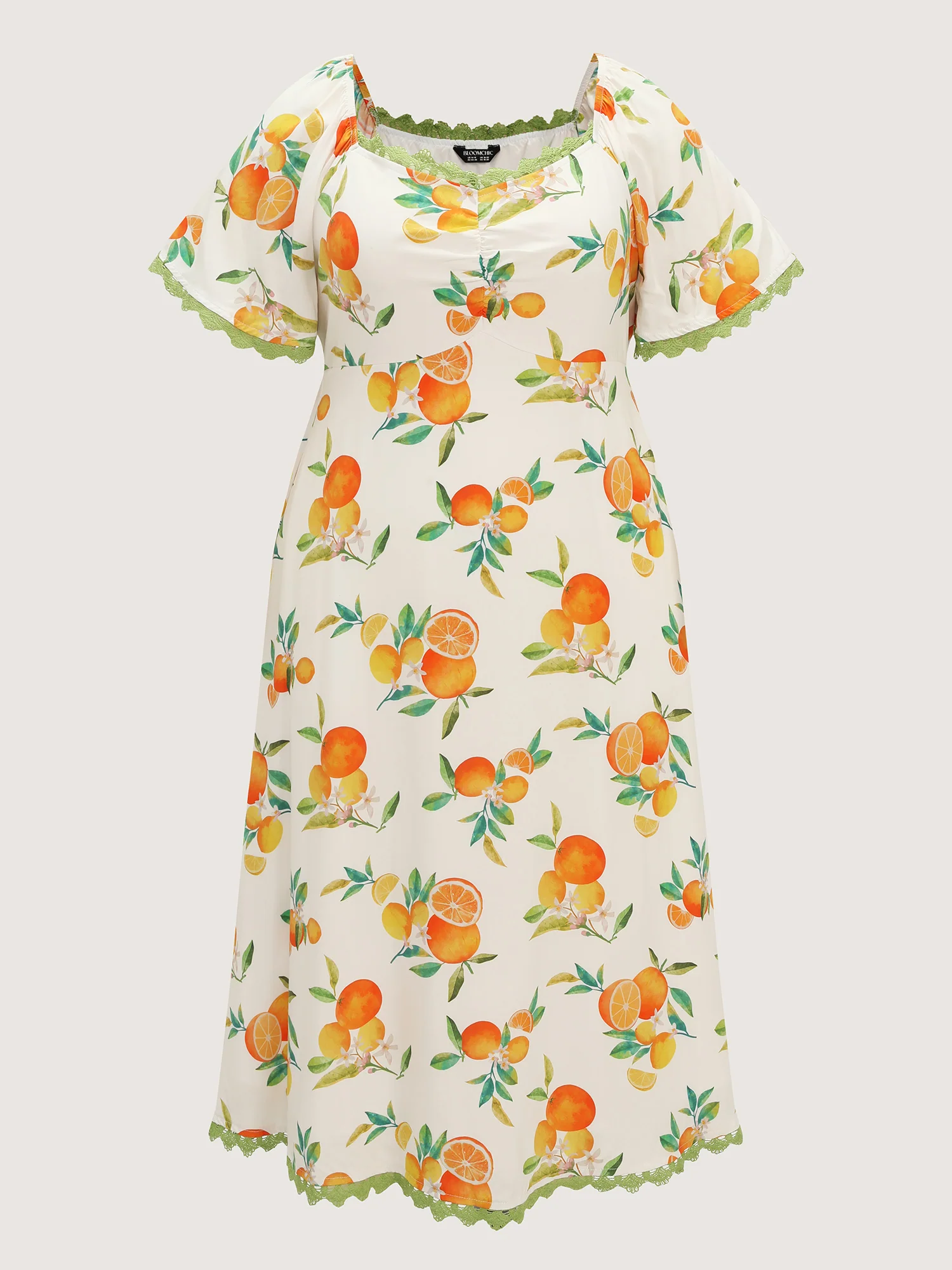 Citrus Print Lace Trim Ruched Midi Dress - Image 7