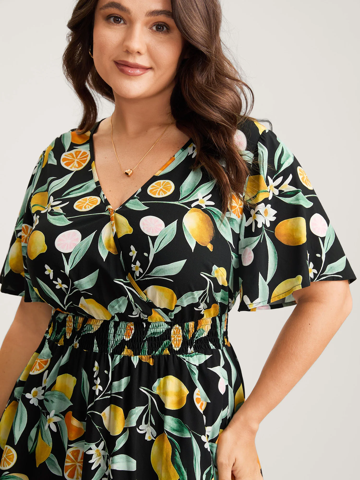 Citrus Print Overlap Neck Shirred Midi Dress - Image 2