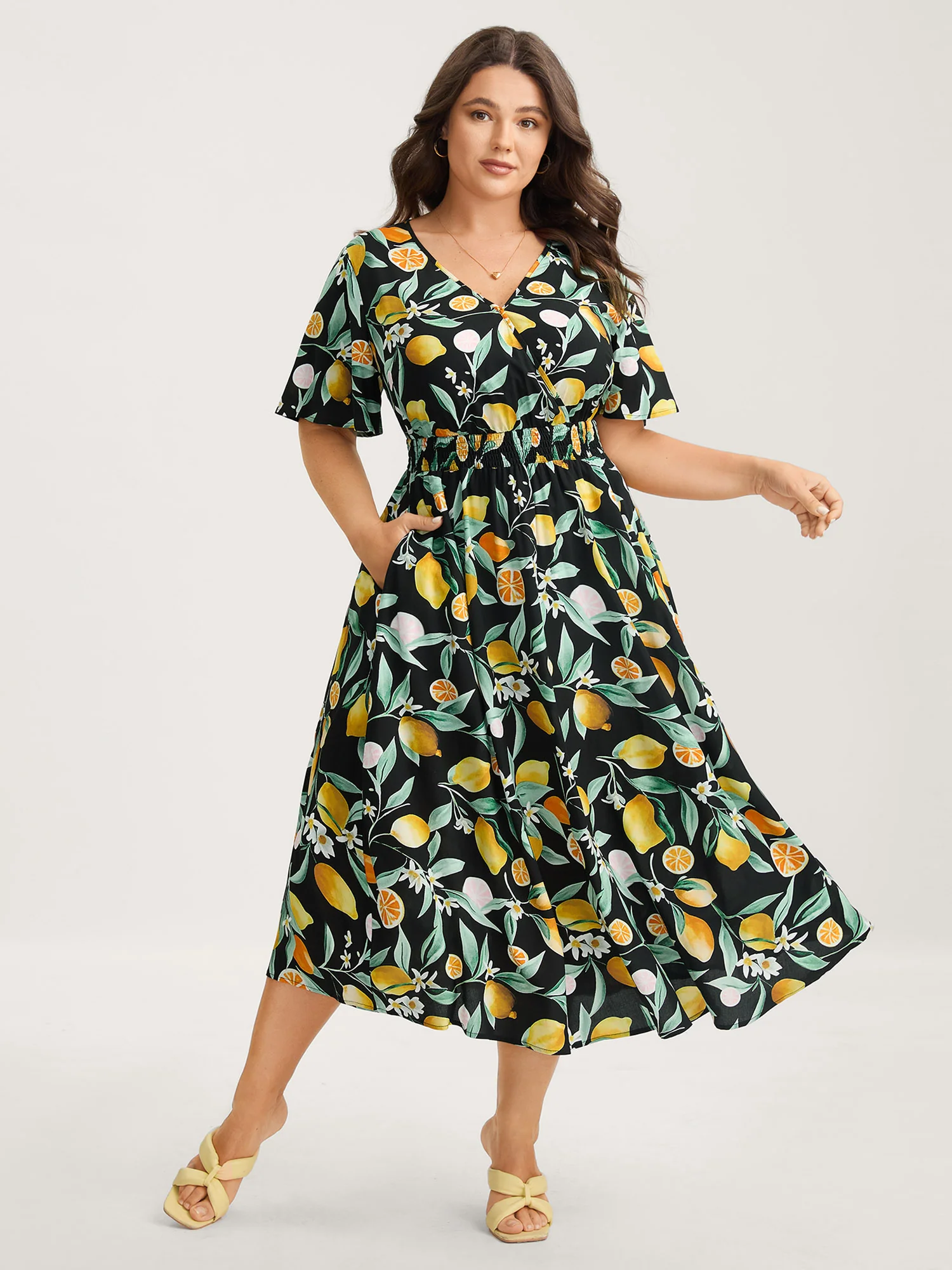 Citrus Print Overlap Neck Shirred Midi Dress - Image 3