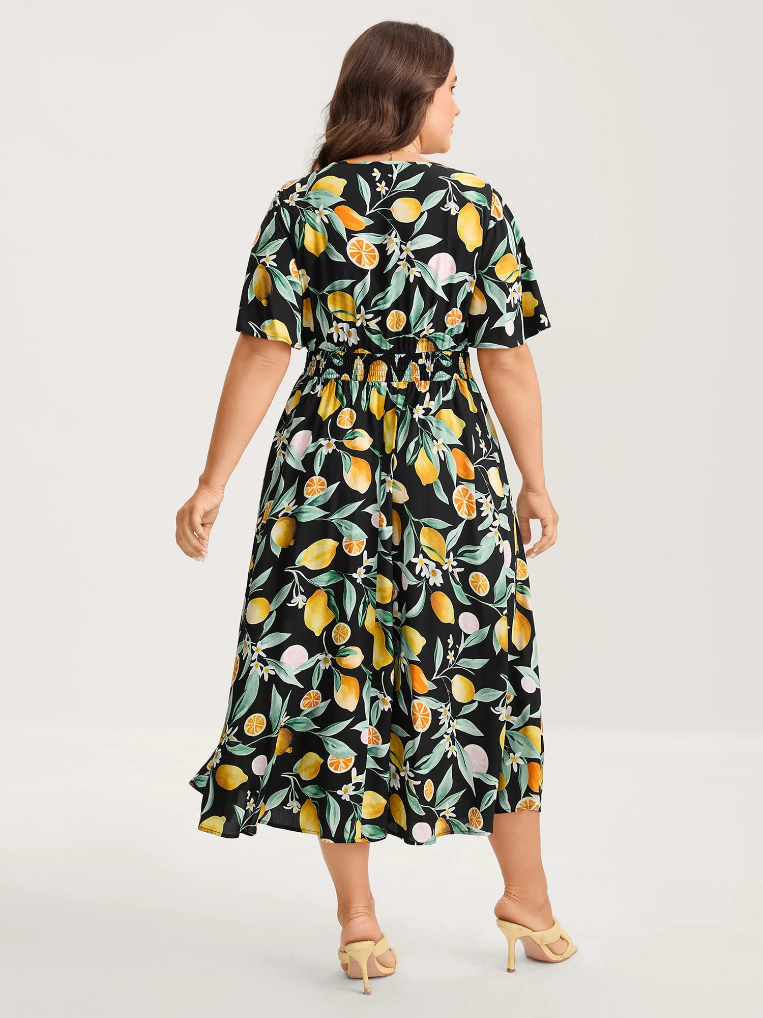 Citrus Print Overlap Neck Shirred Midi Dress - Image 4