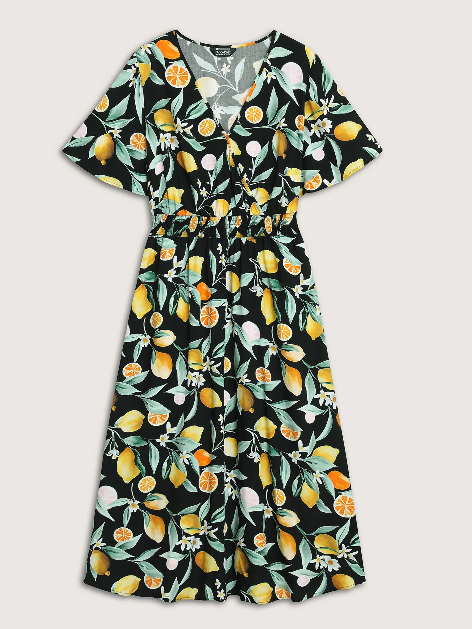 Citrus Print Overlap Neck Shirred Midi Dress - Image 7