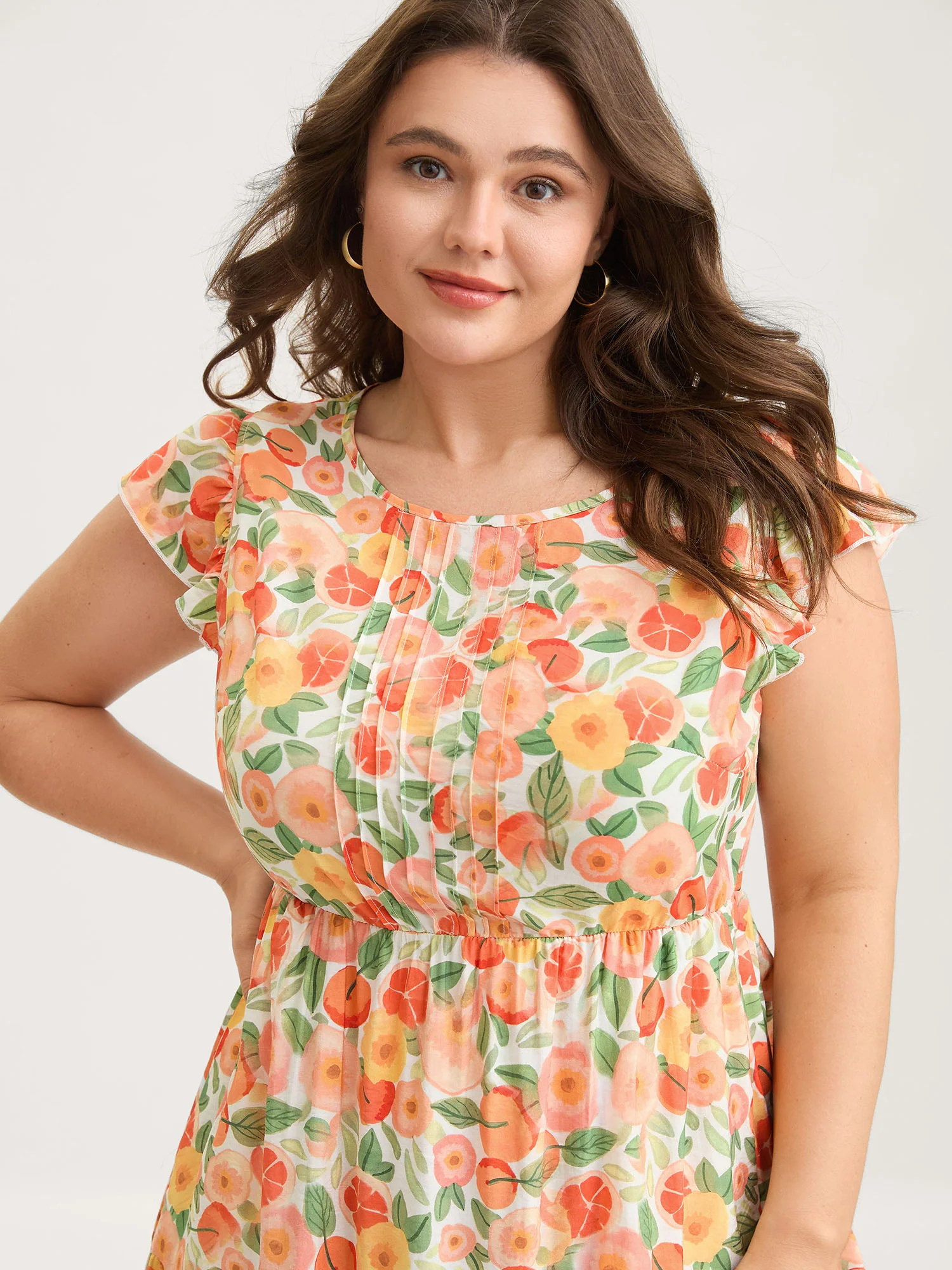 Citrus Print Pleated Flutter Sleeve Midi Dress - Image 2
