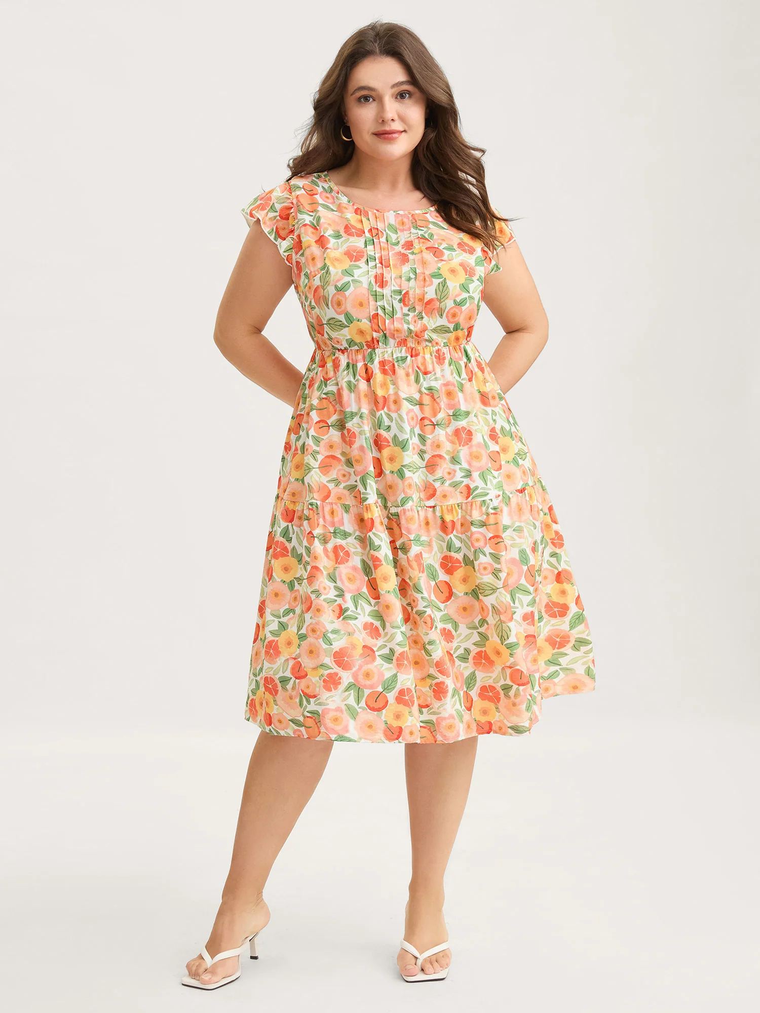 Citrus Print Pleated Flutter Sleeve Midi Dress - Image 3
