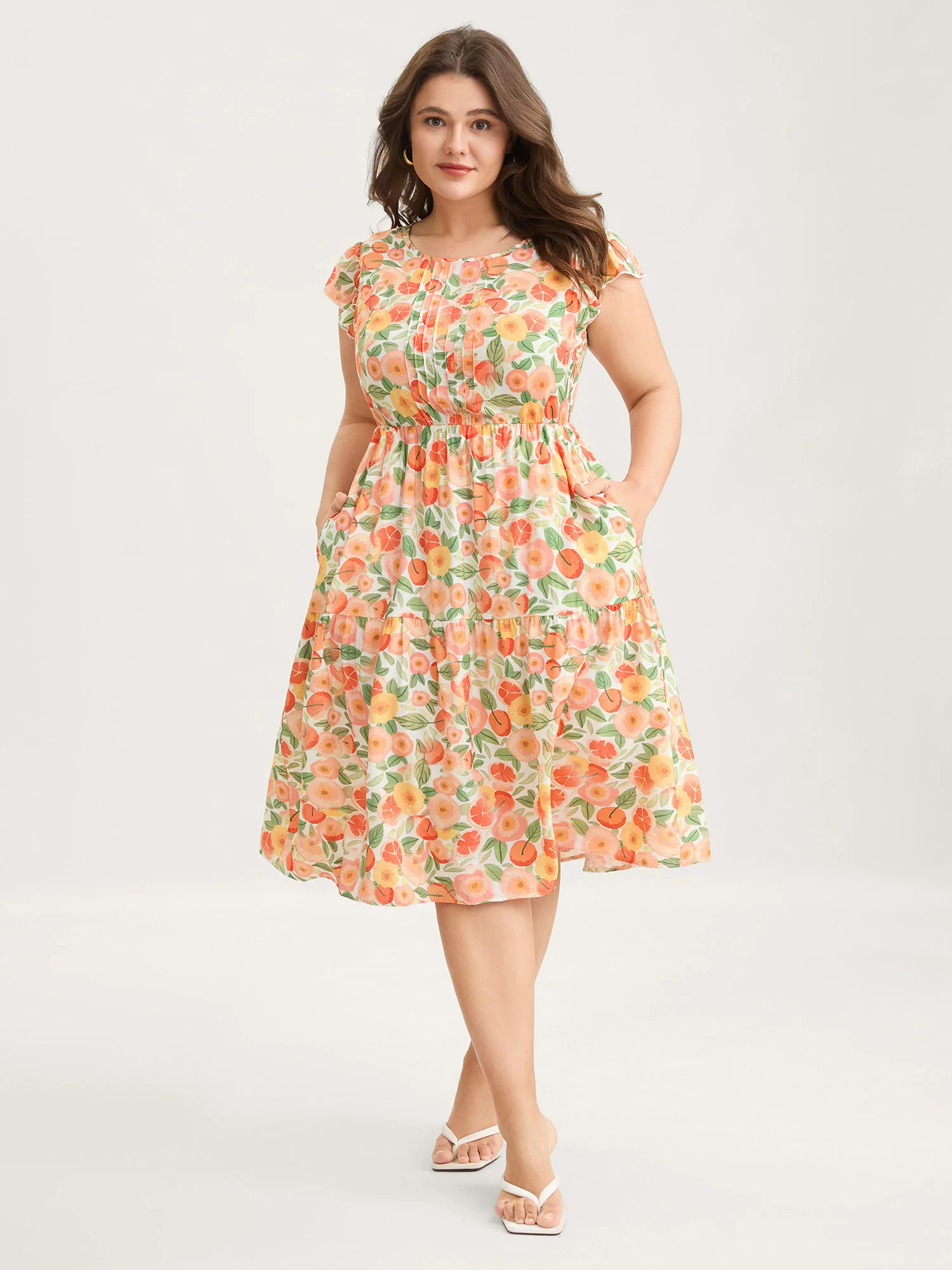 Citrus Print Pleated Flutter Sleeve Midi Dress - Image 4