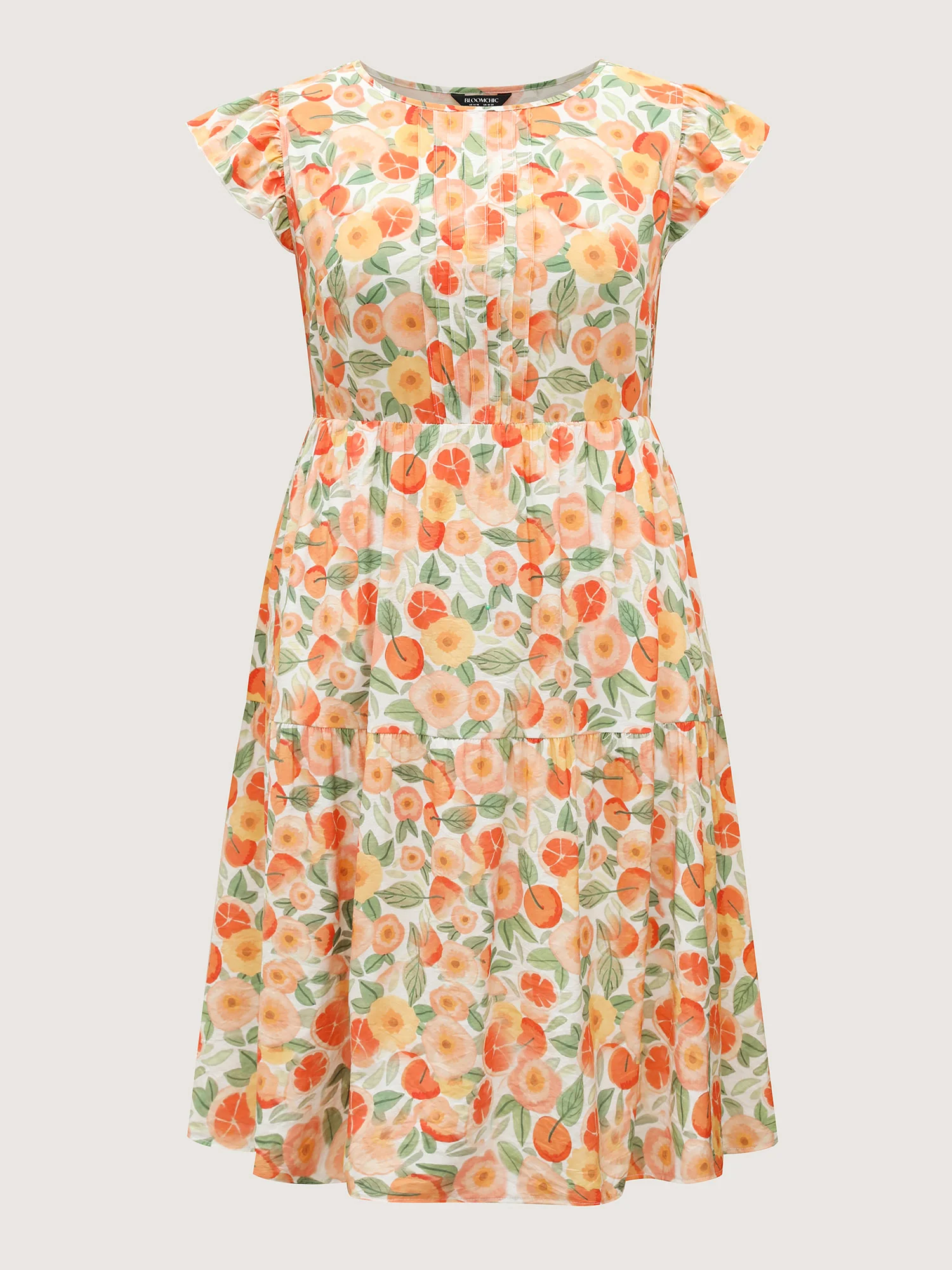 Citrus Print Pleated Flutter Sleeve Midi Dress - Image 6