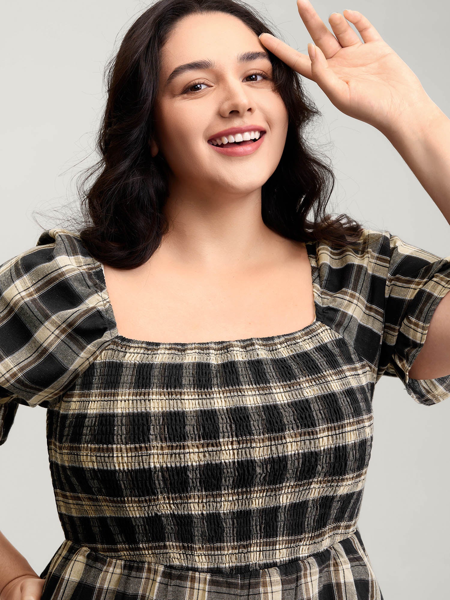 Classic Plaid Print Shirred Bodice Jumpsuit - Image 2