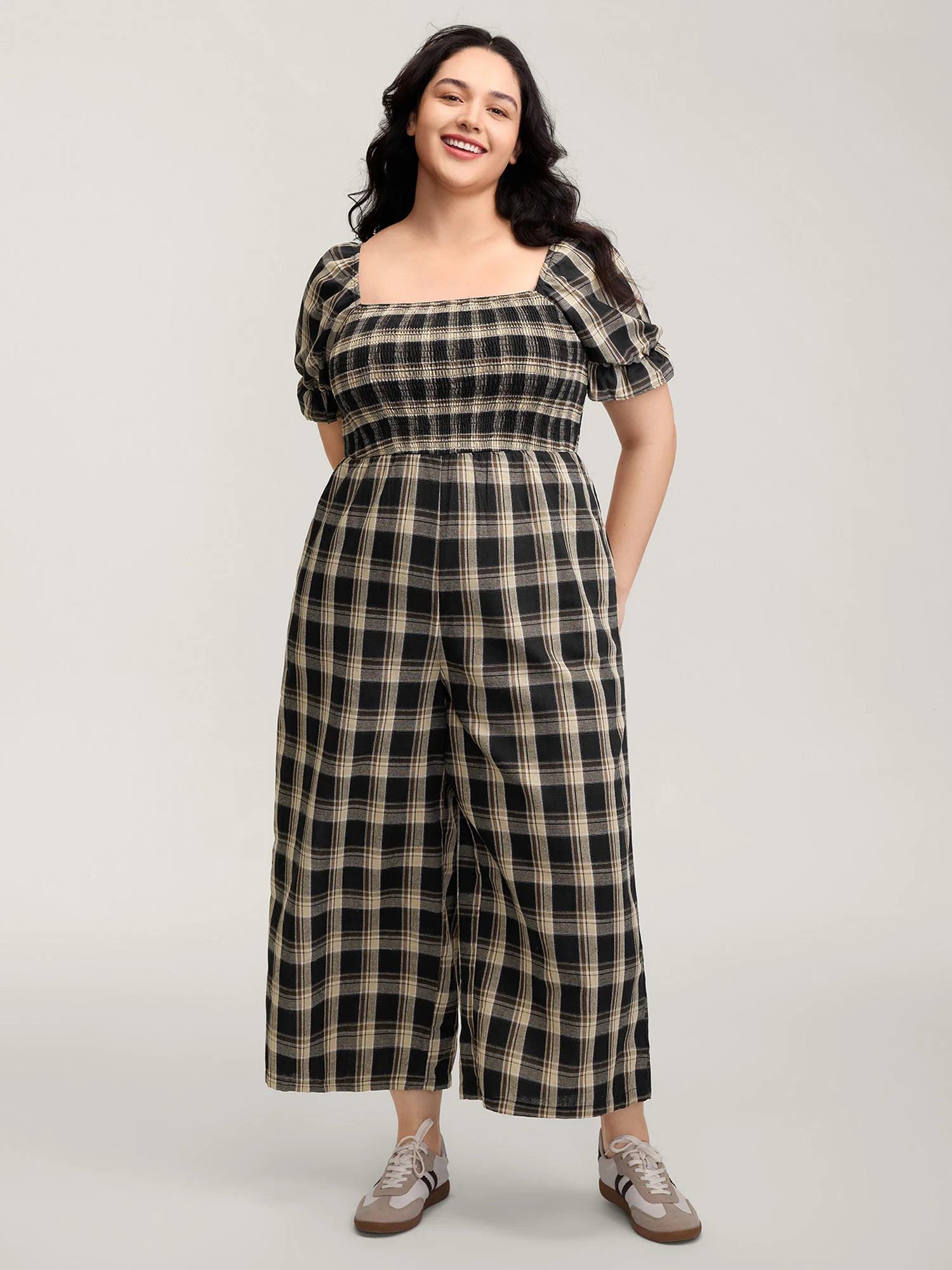Classic Plaid Print Shirred Bodice Jumpsuit - Image 3