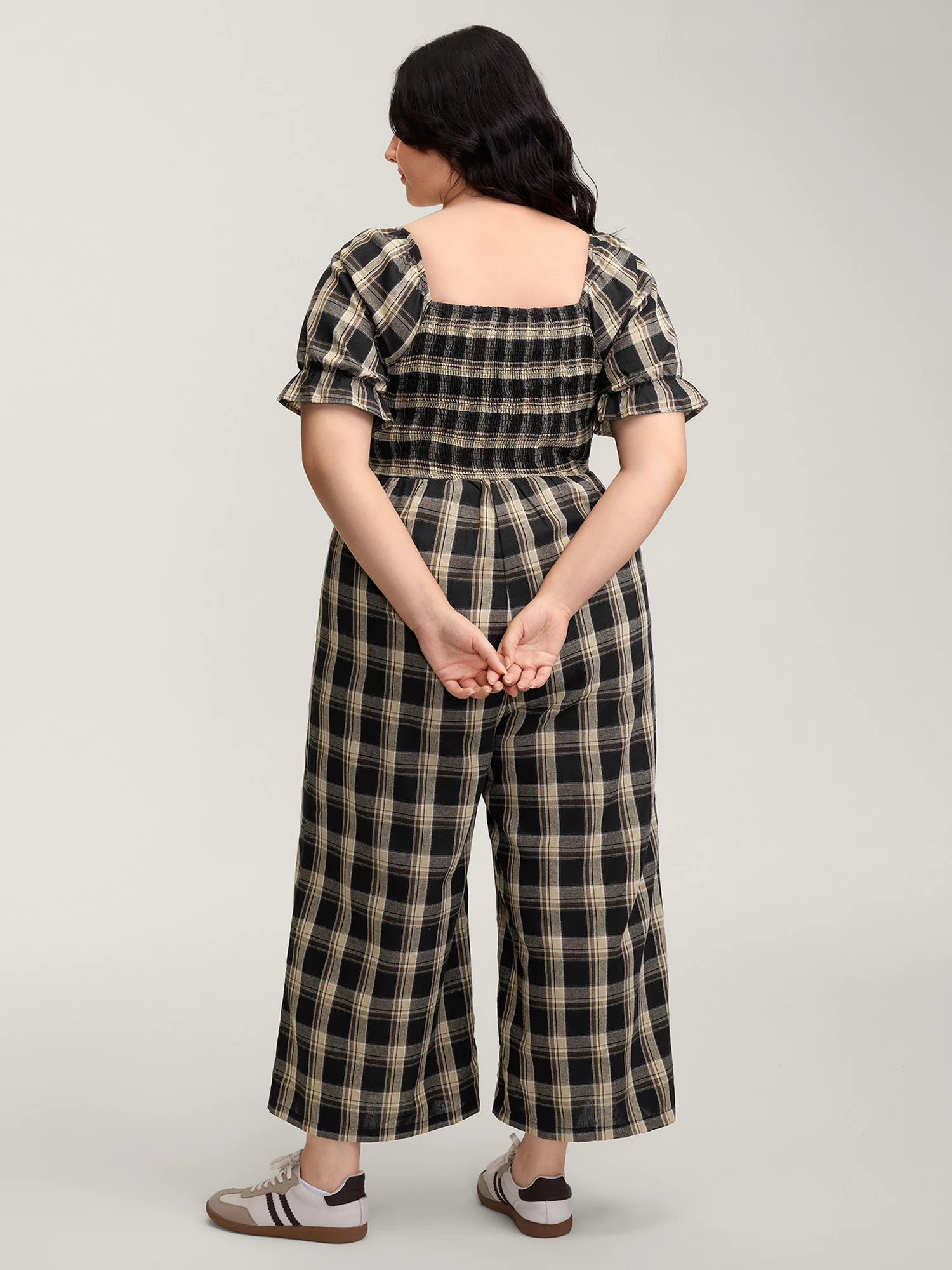 Classic Plaid Print Shirred Bodice Jumpsuit - Image 4