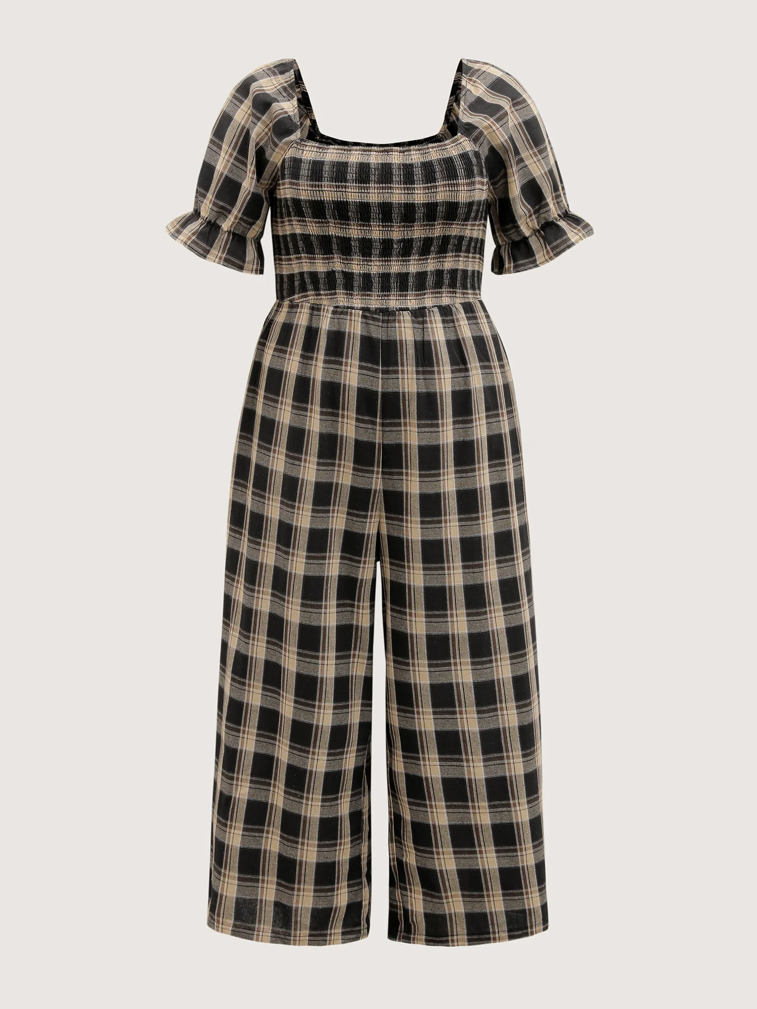 Classic Plaid Print Shirred Bodice Jumpsuit - Image 7