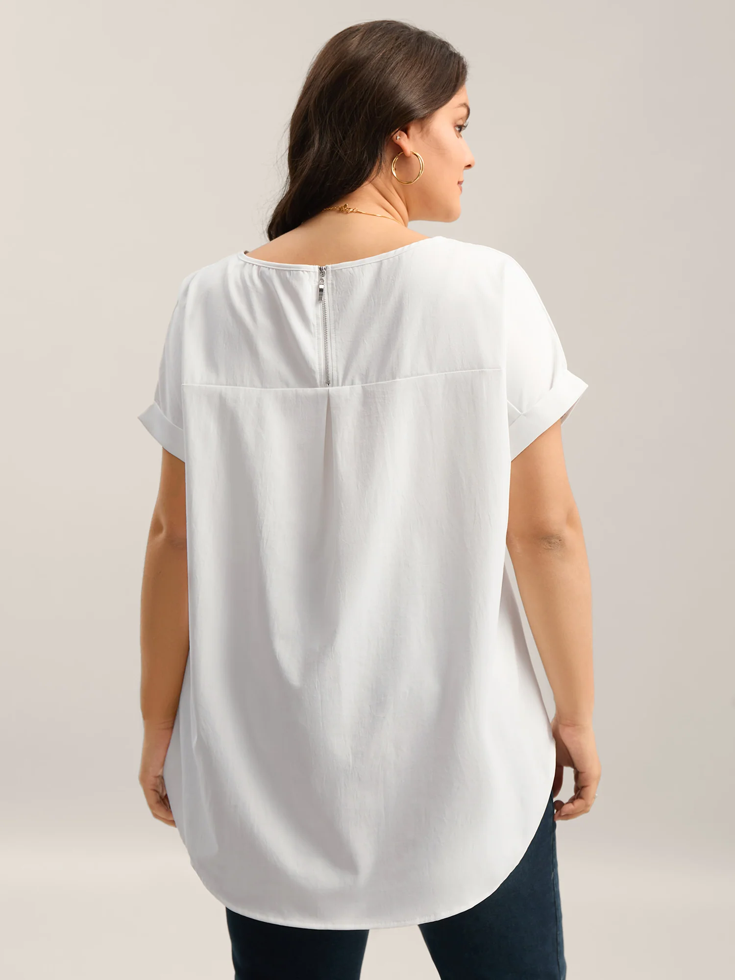 Classic Plain Boat Neck Zipper Blouse - Image 2