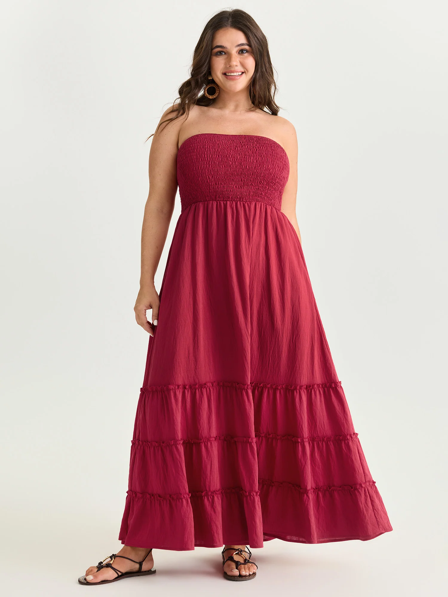 Classic Plain Shirred Bodice Tiered Maxi Dress - Image 3