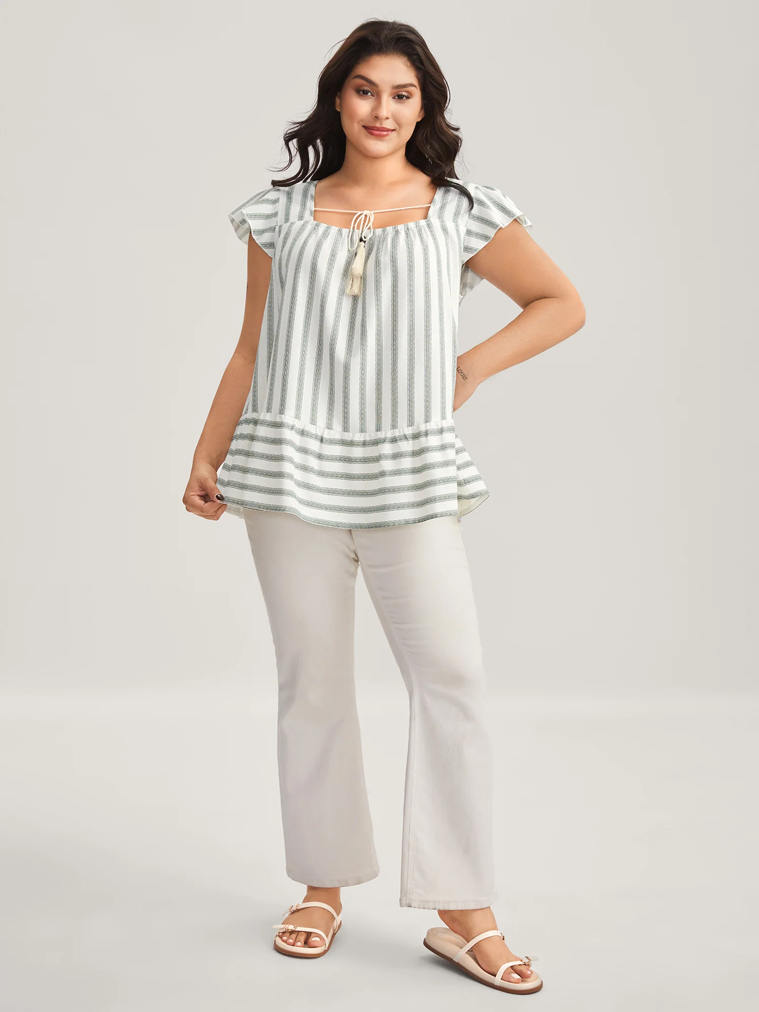 Classic Stripes Square Neck Tassels Blouse - Image 3