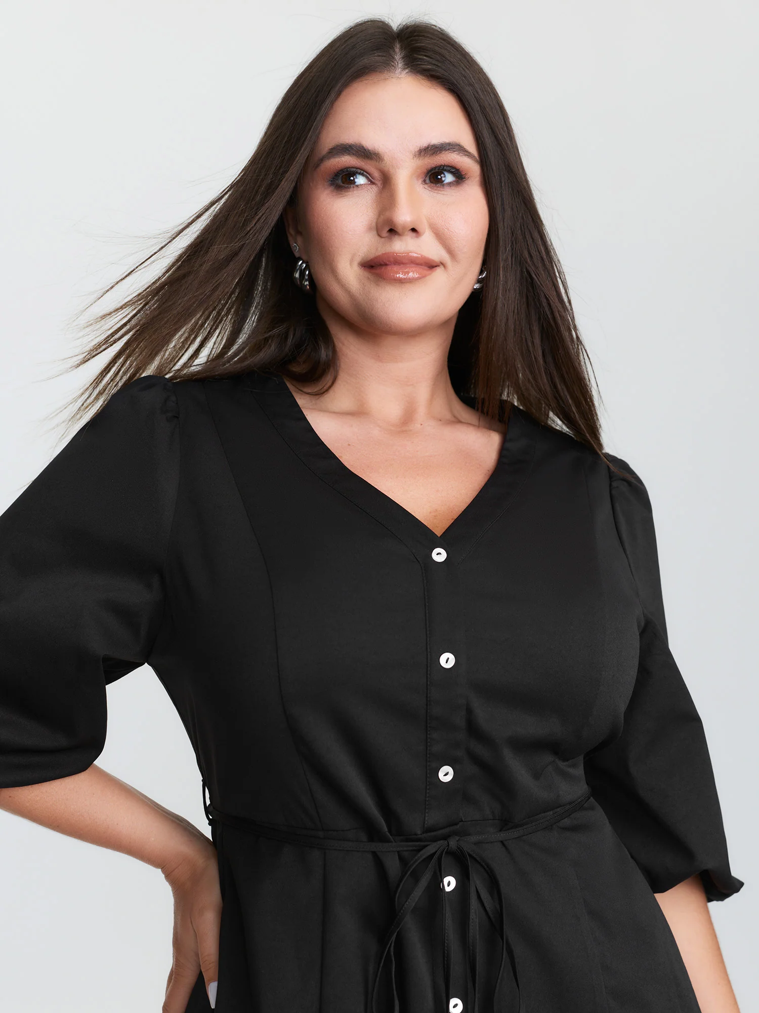 Classic Waist-Tie Pockets Midi Shirt Dress - Image 2