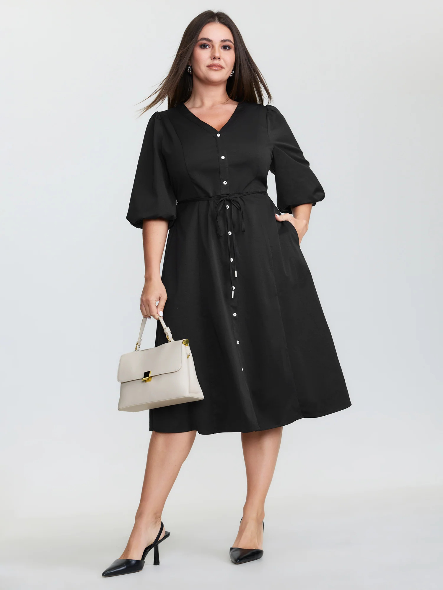 Classic Waist-Tie Pockets Midi Shirt Dress - Image 3