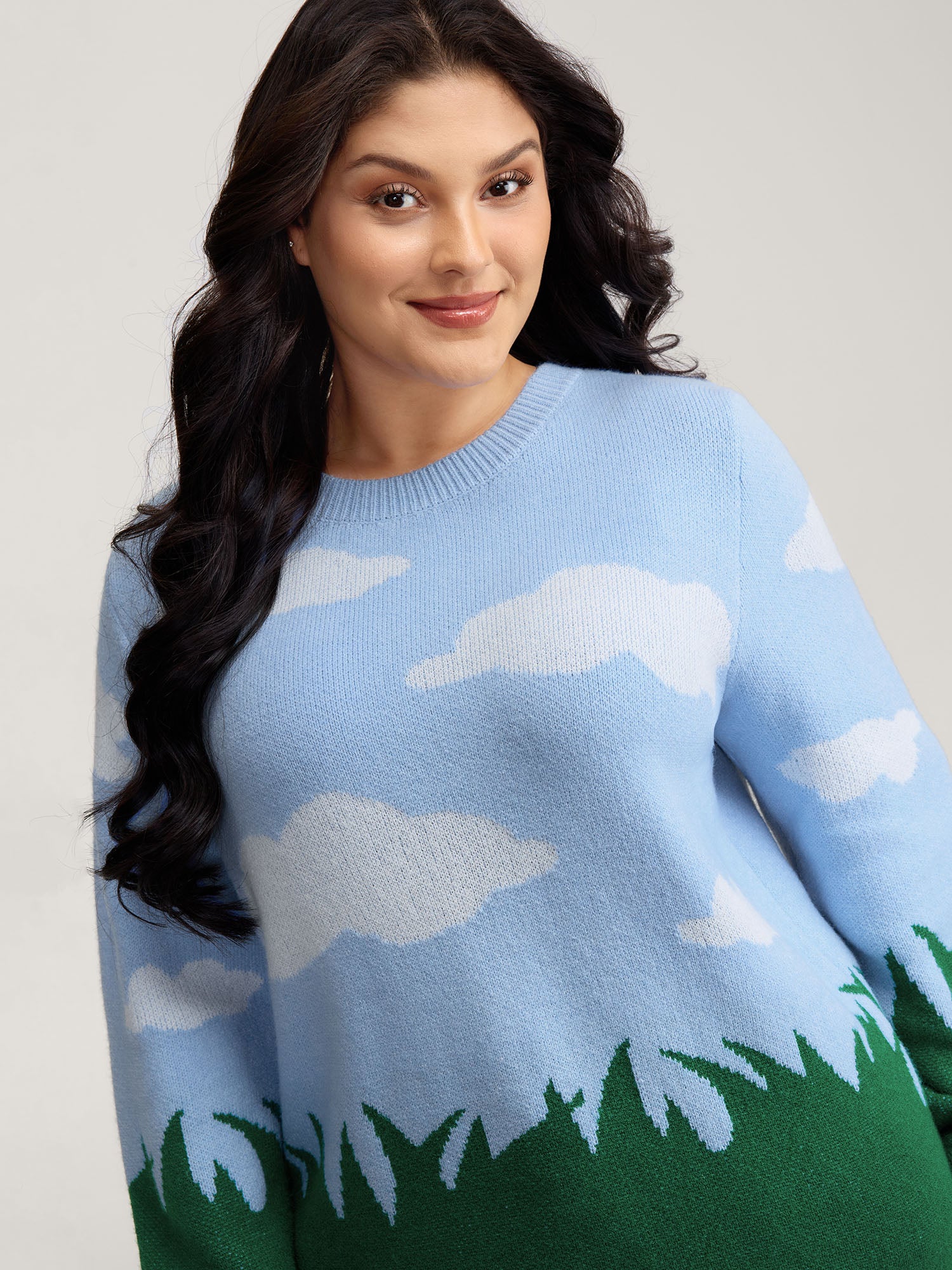 Cloudy Grass Print Jacquard Balloon Sleeve Pullover - Image 2