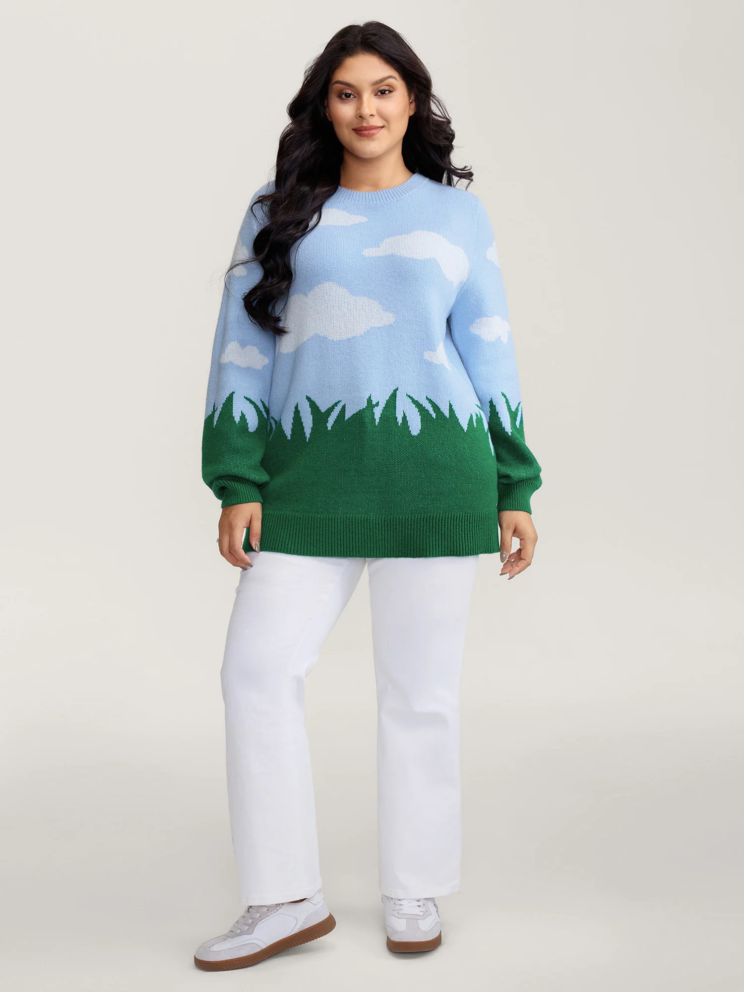 Cloudy Grass Print Jacquard Balloon Sleeve Pullover - Image 3