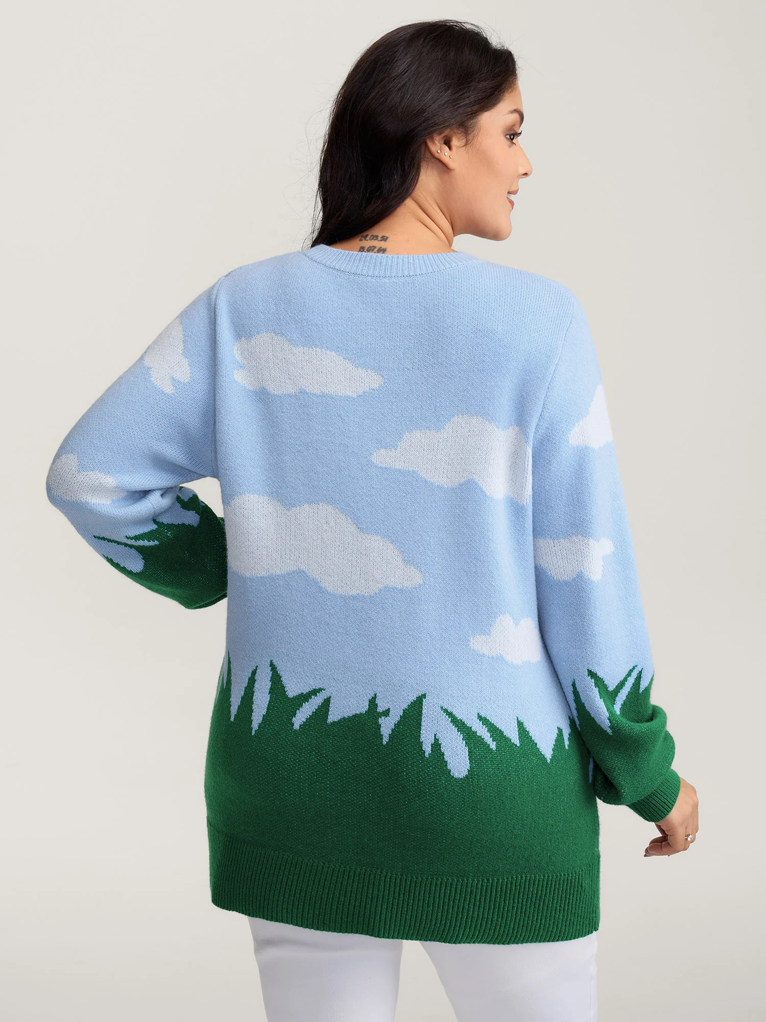 Cloudy Grass Print Jacquard Balloon Sleeve Pullover - Image 4