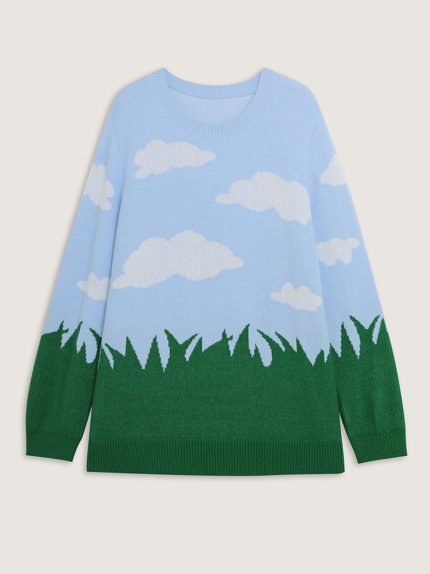 Cloudy Grass Print Jacquard Balloon Sleeve Pullover - Image 7