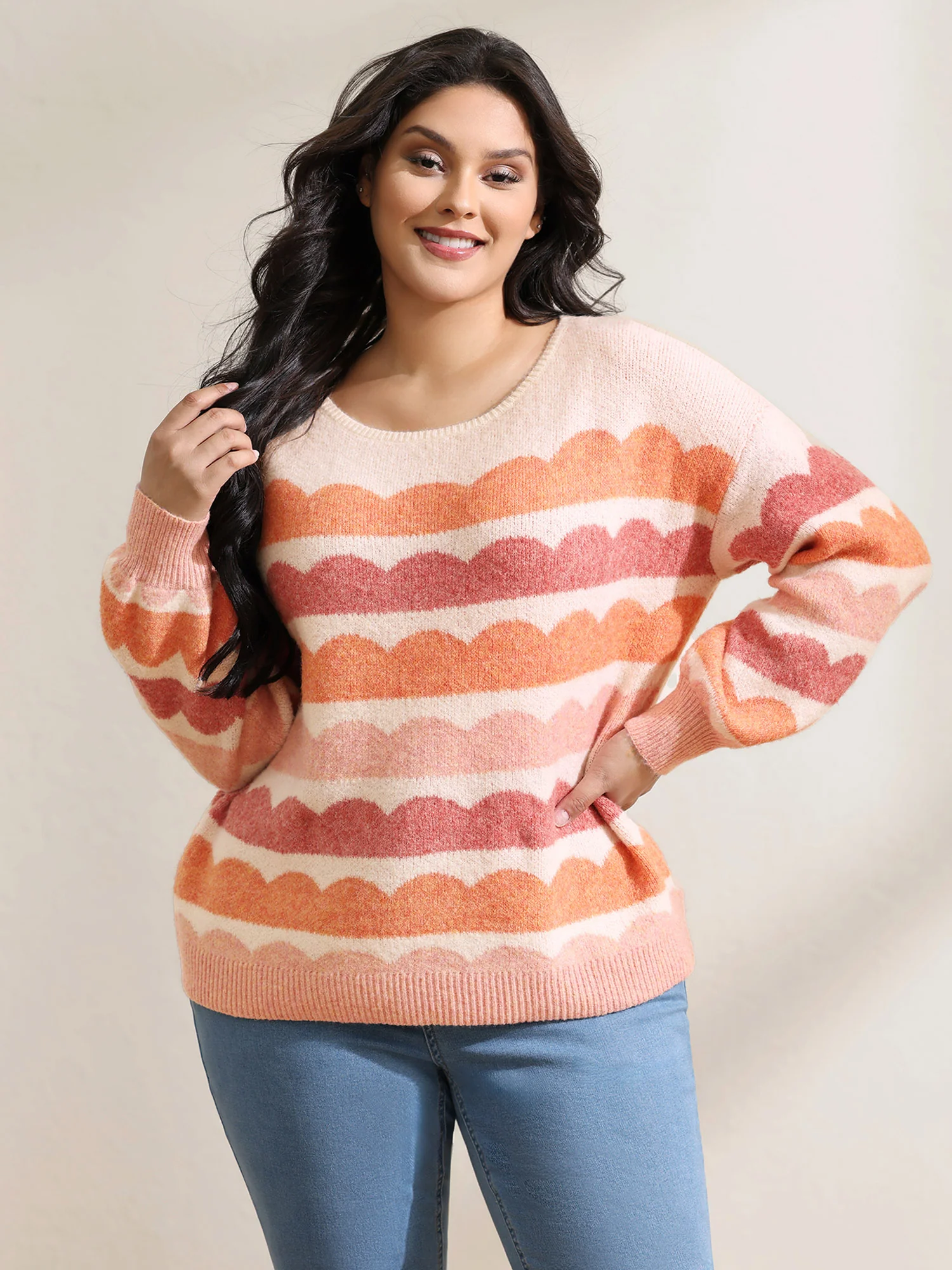 Cloudy Stripes Contrast Balloon Sleeve Pullover - Image 2