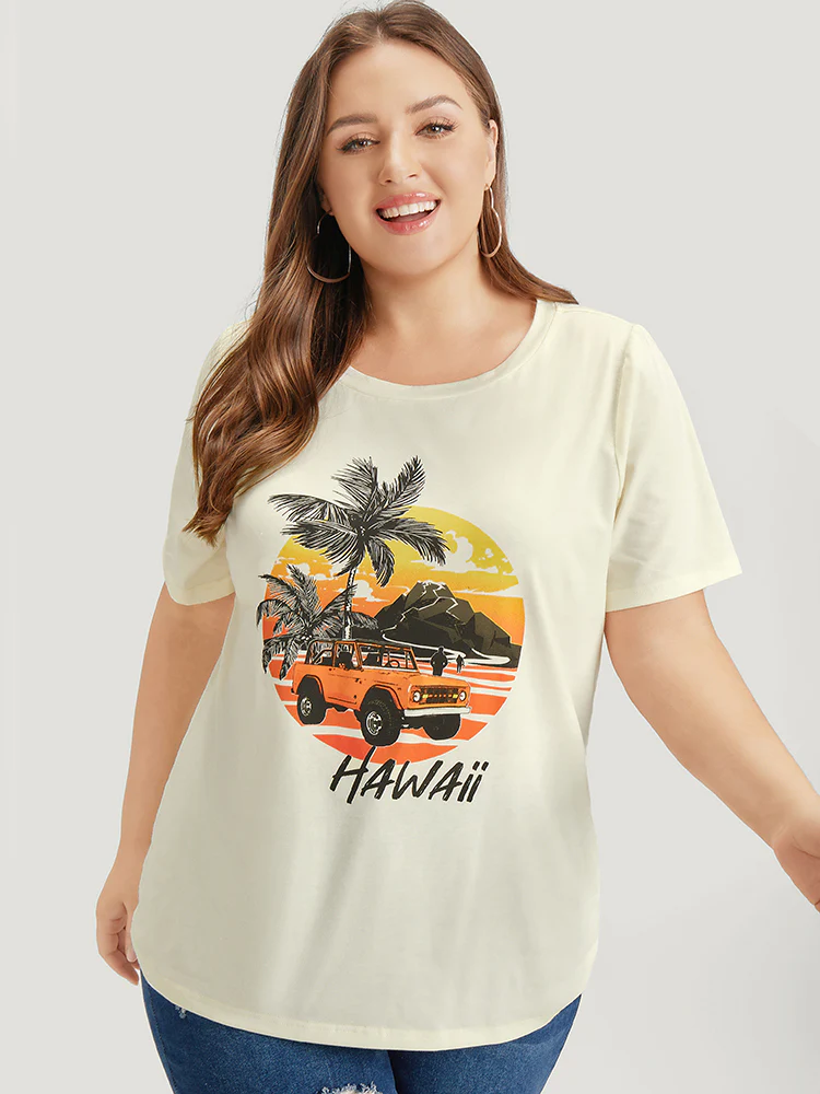 Coconut Tree & Car Print Crew Neck T-shirt - Image 2