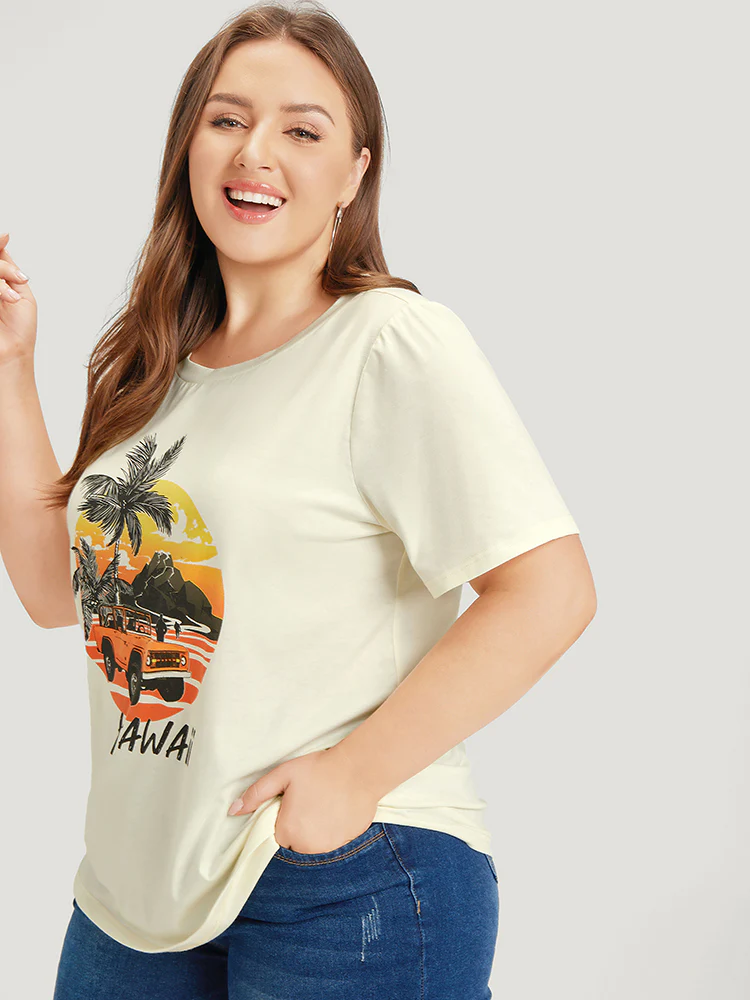 Coconut Tree & Car Print Crew Neck T-shirt - Image 3