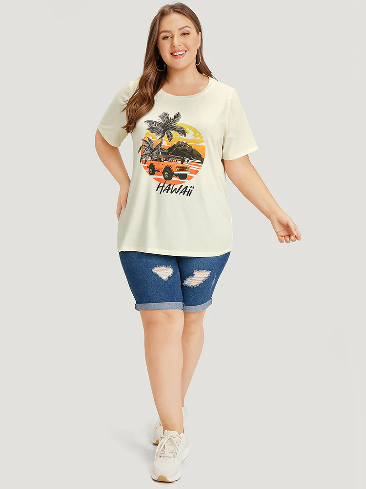 Coconut Tree & Car Print Crew Neck T-shirt - Image 4