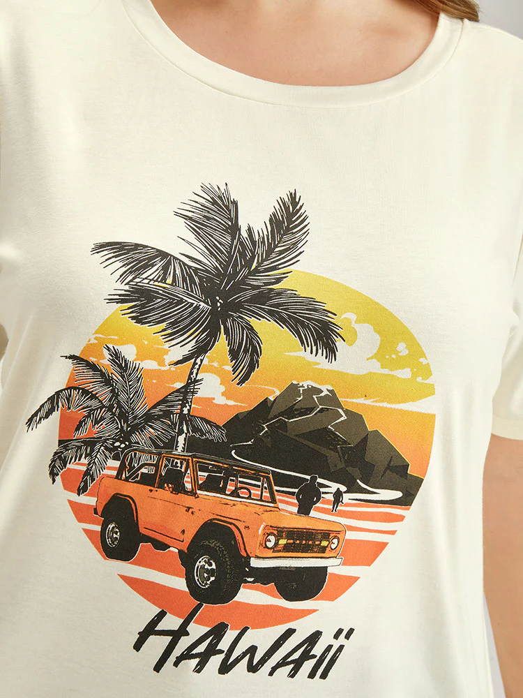 Coconut Tree & Car Print Crew Neck T-shirt - Image 6