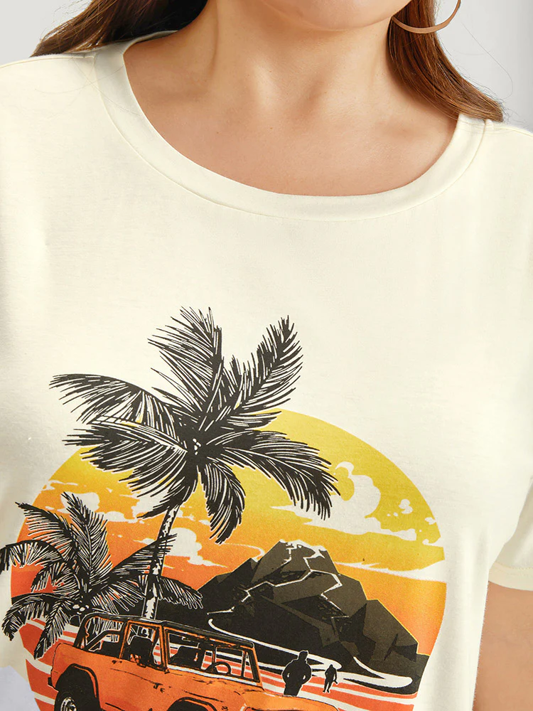 Coconut Tree & Car Print Crew Neck T-shirt - Image 7