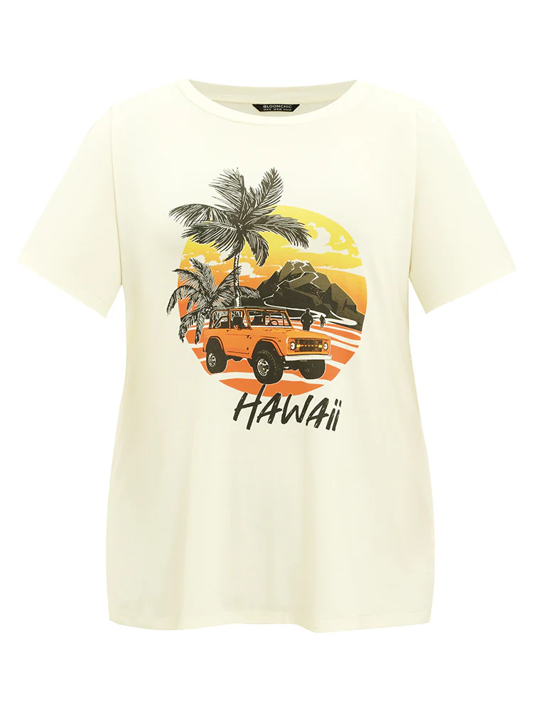 Coconut Tree & Car Print Crew Neck T-shirt - Image 8