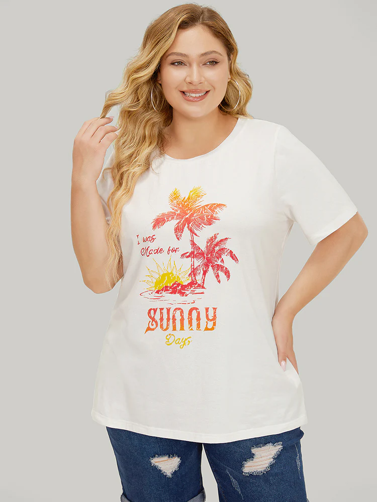 Coconut Tree & Letter Print Drop Shoulder T-shirt - Image 2