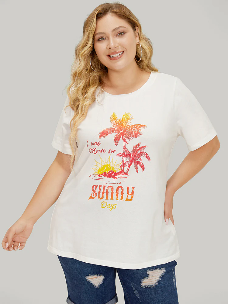 Coconut Tree & Letter Print Drop Shoulder T-shirt - Image 3
