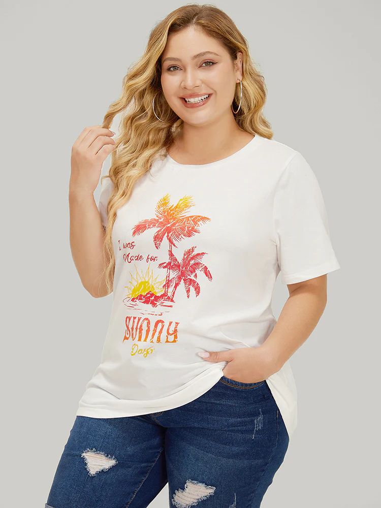 Coconut Tree & Letter Print Drop Shoulder T-shirt - Image 4