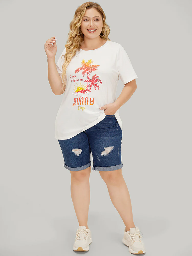 Coconut Tree & Letter Print Drop Shoulder T-shirt - Image 6