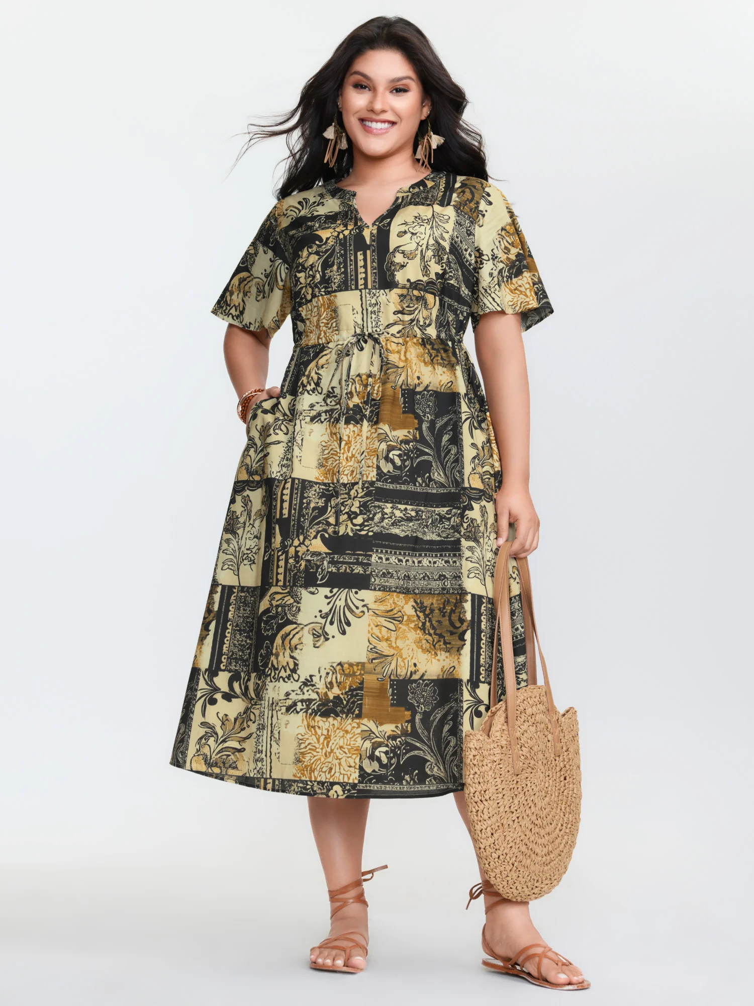 Cotton Collage Print Notched Collar Midi Dress - Image 2