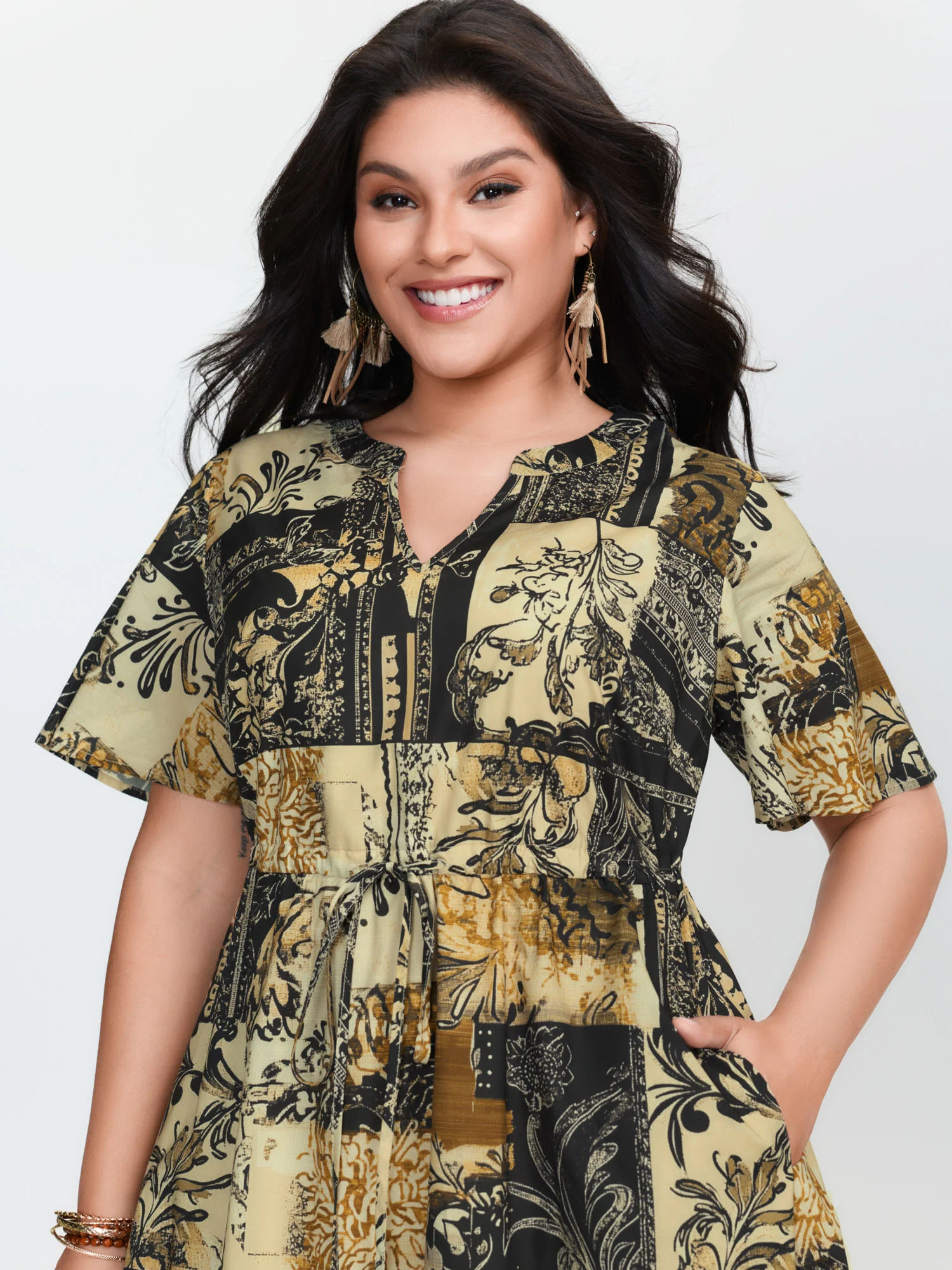 Cotton Collage Print Notched Collar Midi Dress - Image 3