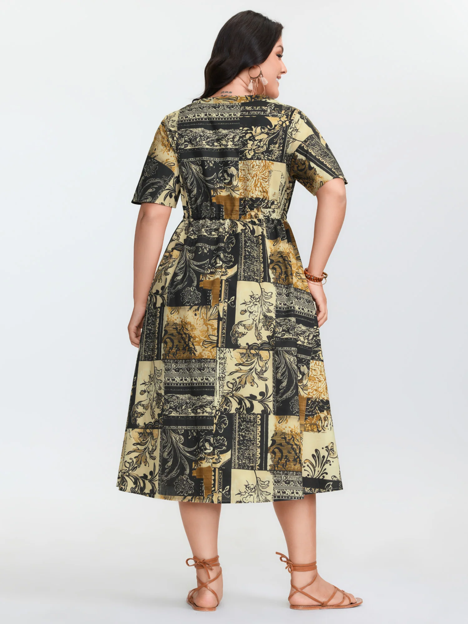 Cotton Collage Print Notched Collar Midi Dress - Image 4