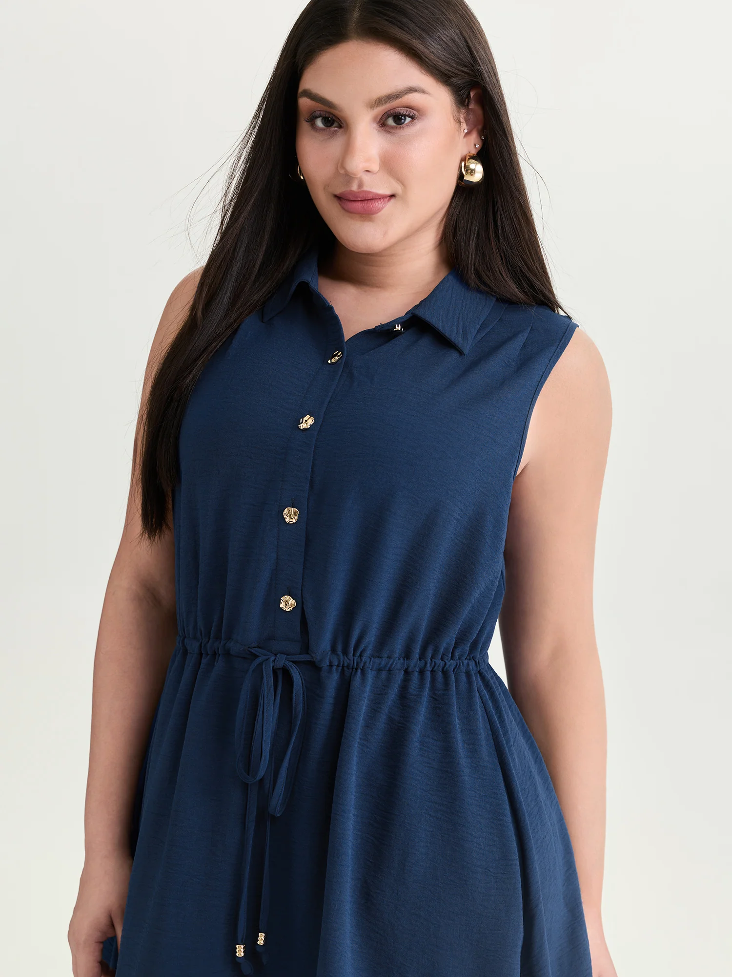 Collar Button Detail Waist Drawstring Mini Dress - Image 2
